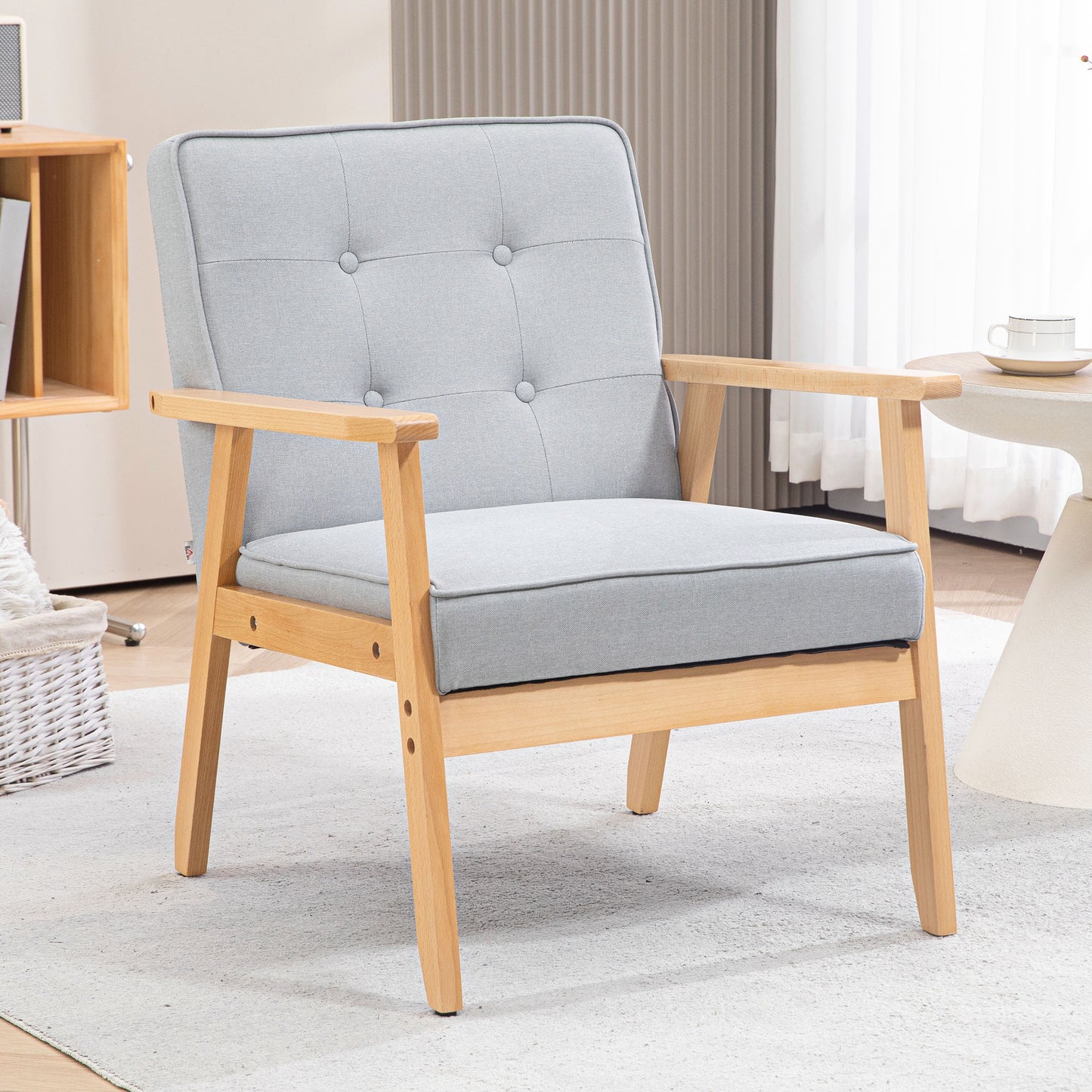 HOMCOM Mid-Century Accent Chair Modern Fabric Upholstered Tufted Back Lounge Sofa Seat - Grey