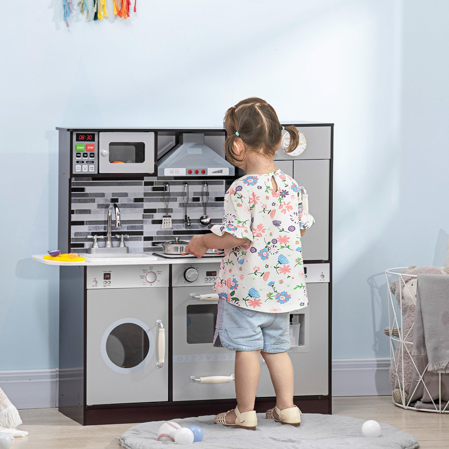Qaba Wooden Play Kitchen with Lights Sounds, Kids Kitchen Playset with Washing Machine, Water Dispenser, Microwave, Range Hood, Refrigerator, Utensils, Gift for 3-6 Years Old