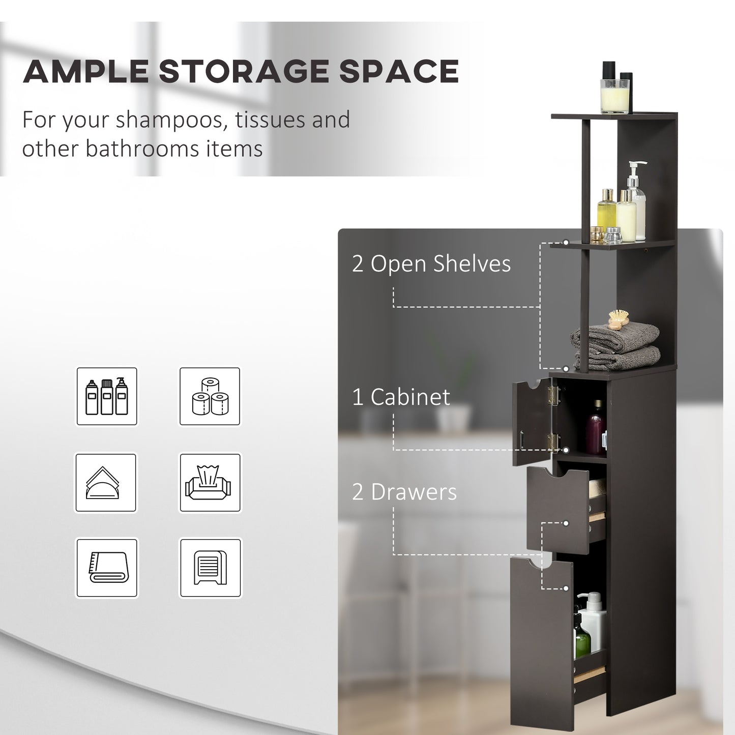 HOMCOM Tall Bathroom Storage Cabinet, Narrow Bathroom Cabinet with Drawers and Open Shelves for Small Spaces, White and Grey