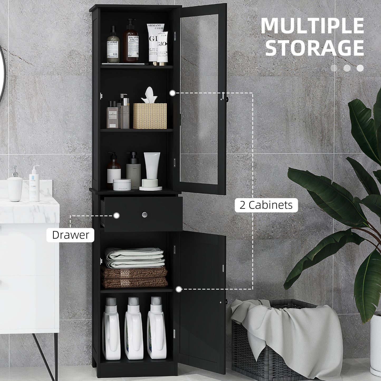 kleankin Tall Bathroom Cabinet, Bathroom Storage Cabinet with Drawers, 2 Doors and Adjustable Shelves, White