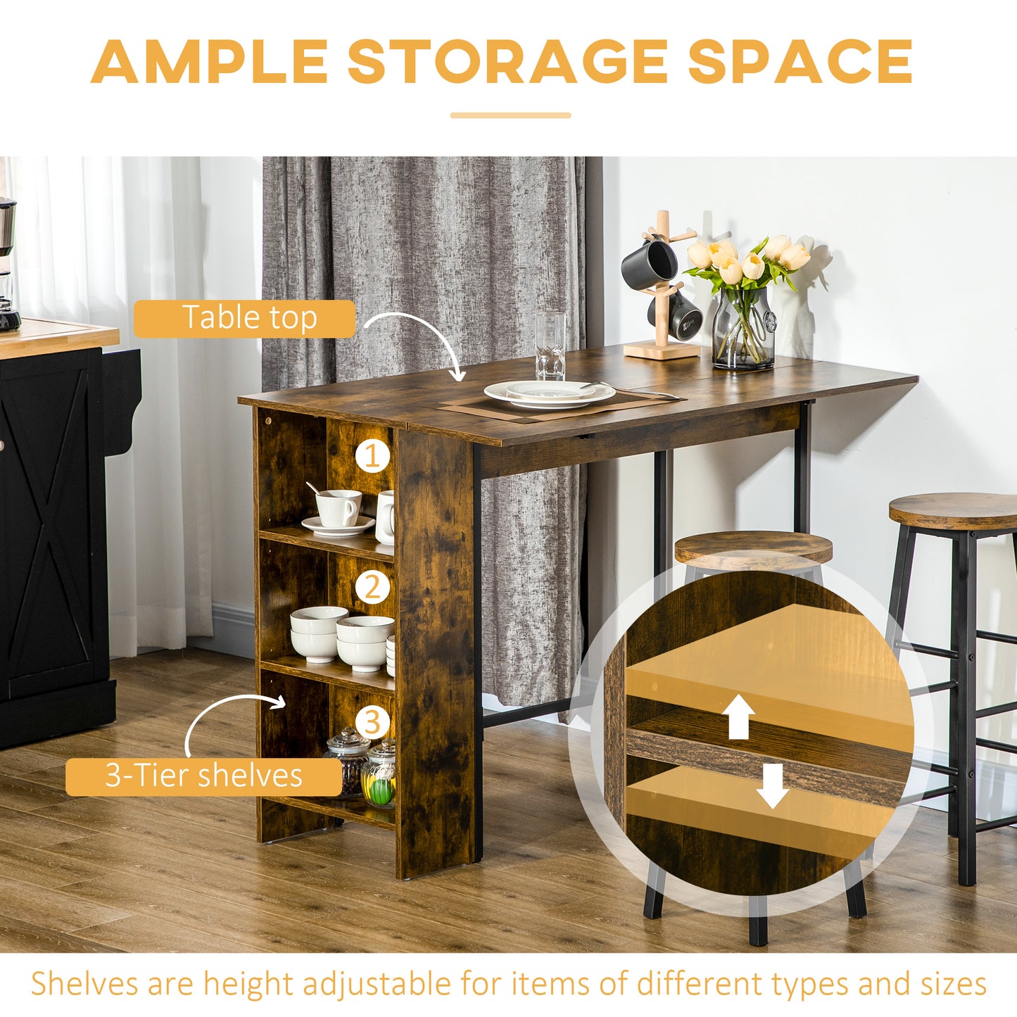 HOMCOM Counter Height Table with Drop Leaf, Extendable Bar Table with Adjustable Storage Shelf, Rustic Brown