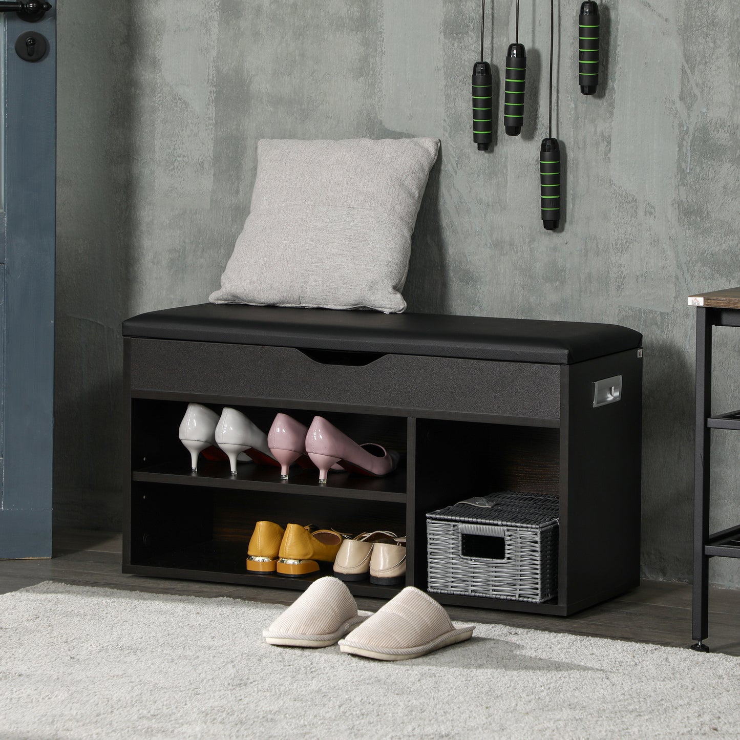 HOMCOM Shoe Bench Entryway Storage Rack with Padded Cushion, Hidden Storage for Hallway, Living Room, Black