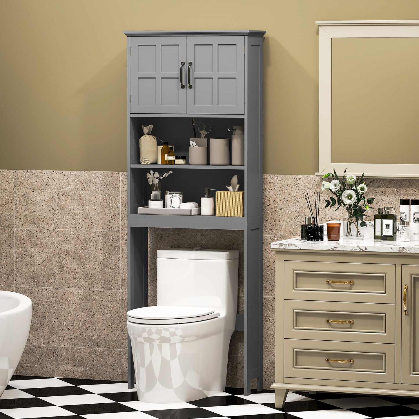 kleankin Modern Over The Toilet Storage, Bathroom Cabinets Over Toilet with Open Shelves and Double Door Cabinet, White