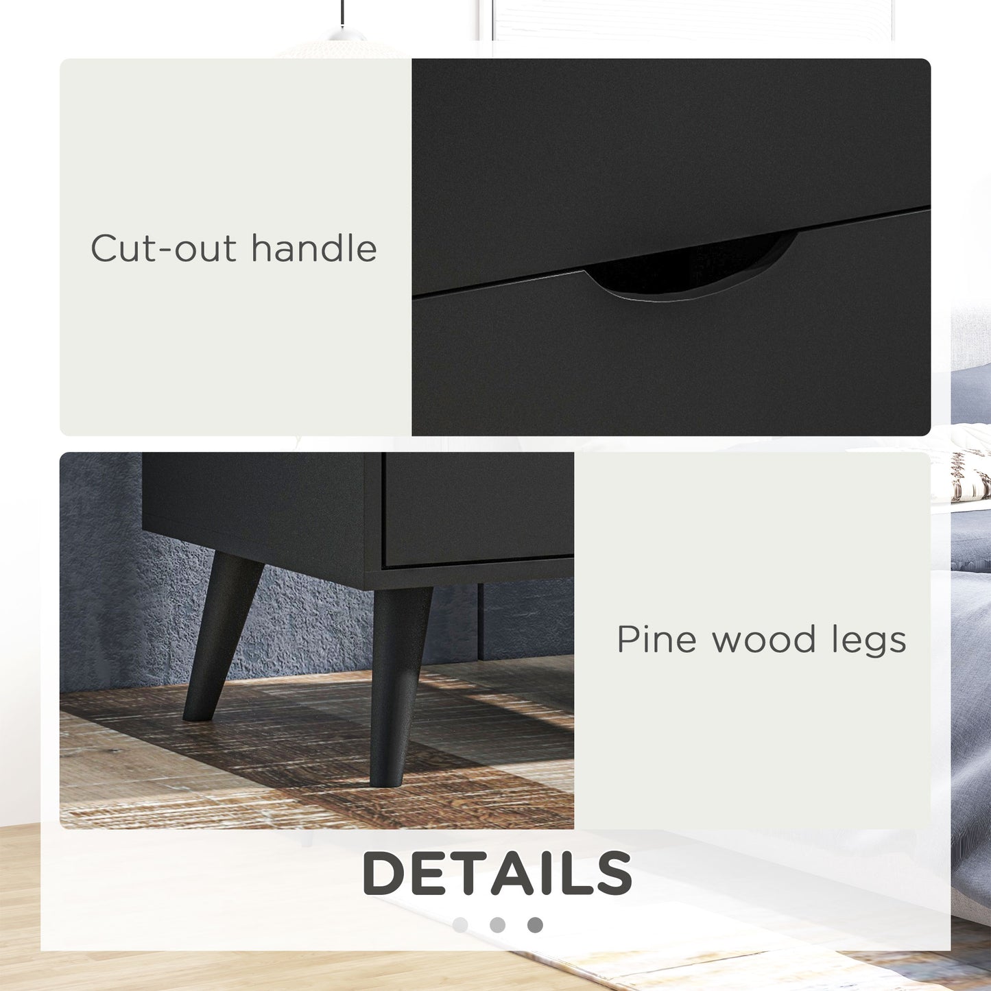 HOMCOM Modern Bedside Table, Nightstand with 2 Drawers and Pine Wood Legs for Bedroom, Living Room, Black