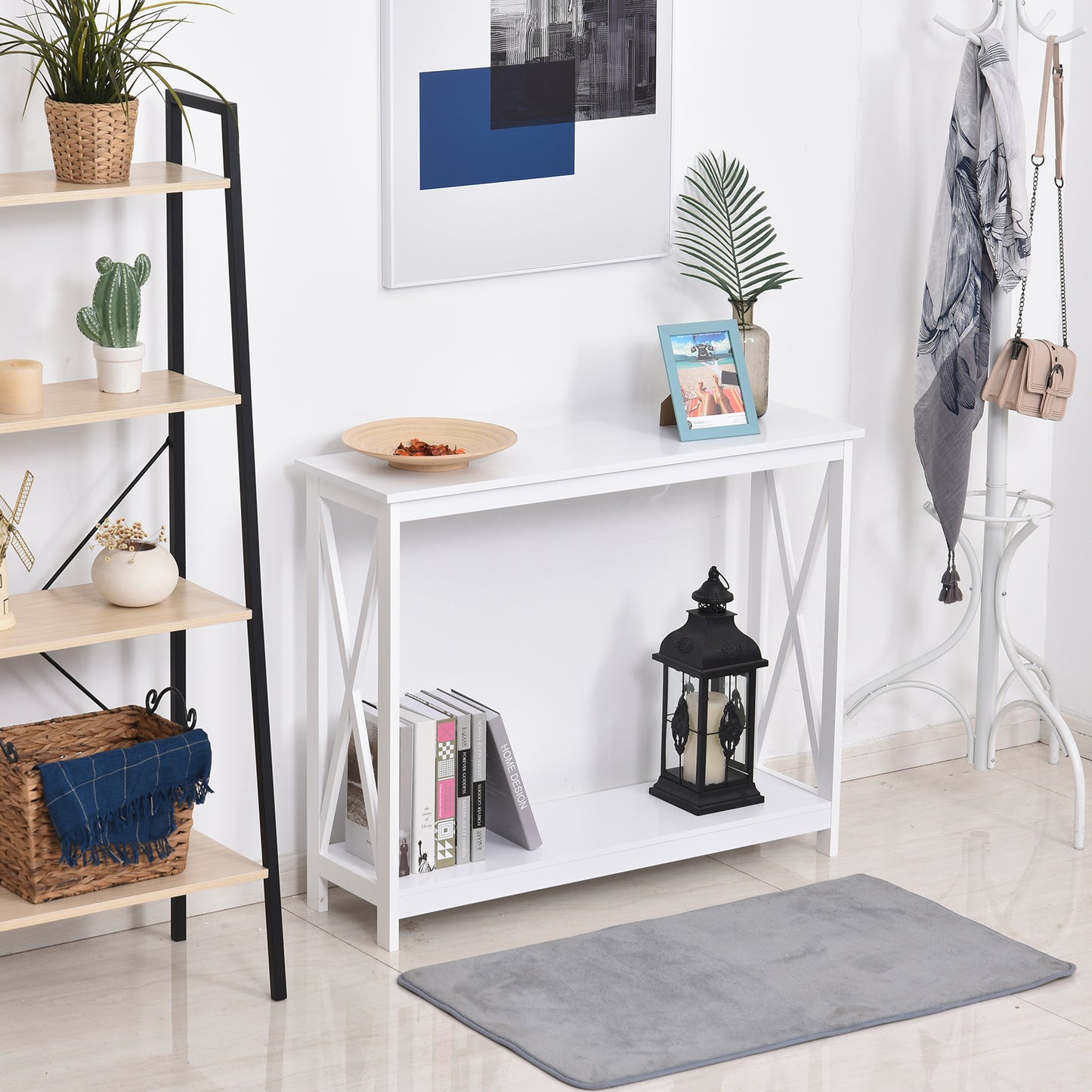 HOMCOM 40" Console Table, 2 Tier X-Design Narrow Entryway Table with Storage Shelf for Behind Couch, Living Room, Hallway, White