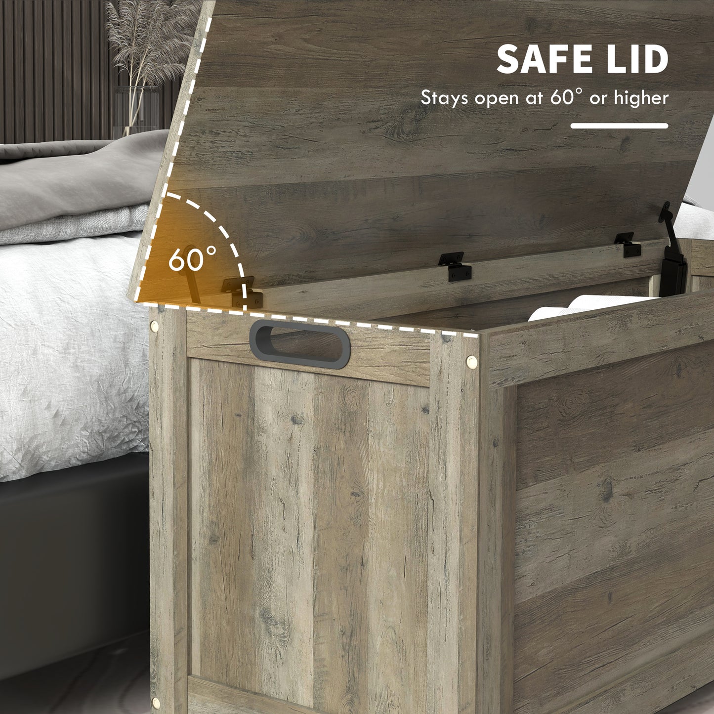 HOMCOM Storage Trunk with 2 Safety Hinges, Entryway Bench with Side Handles, Storage Chest for Living Room, Distressed Grey