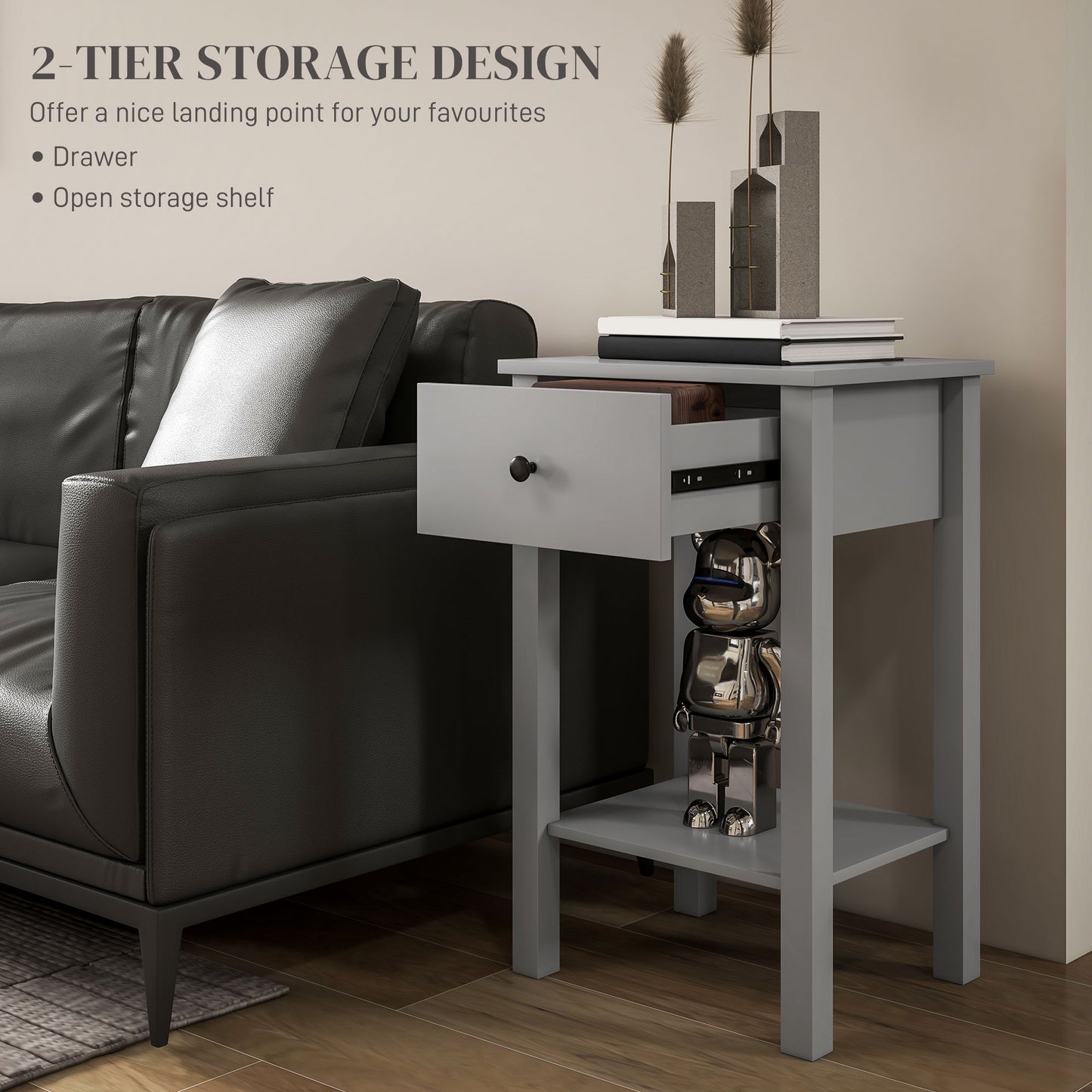 HOMCOM Side Table Set of 2, End Tables with Drawer and Bottom Shelf, 2-tier Nightstand for Bedroom, Living Room, White