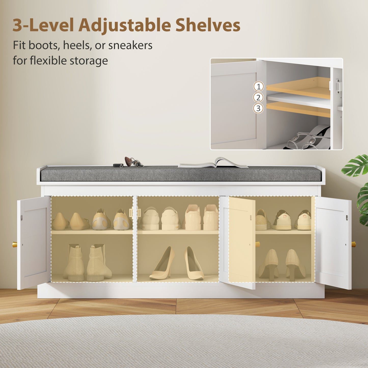 HOMCOM Shoe Storage Bench with Woven Rattan Doors, Shoe Bench with Cushion, Adjustable Shelves, Entryway Bench, White