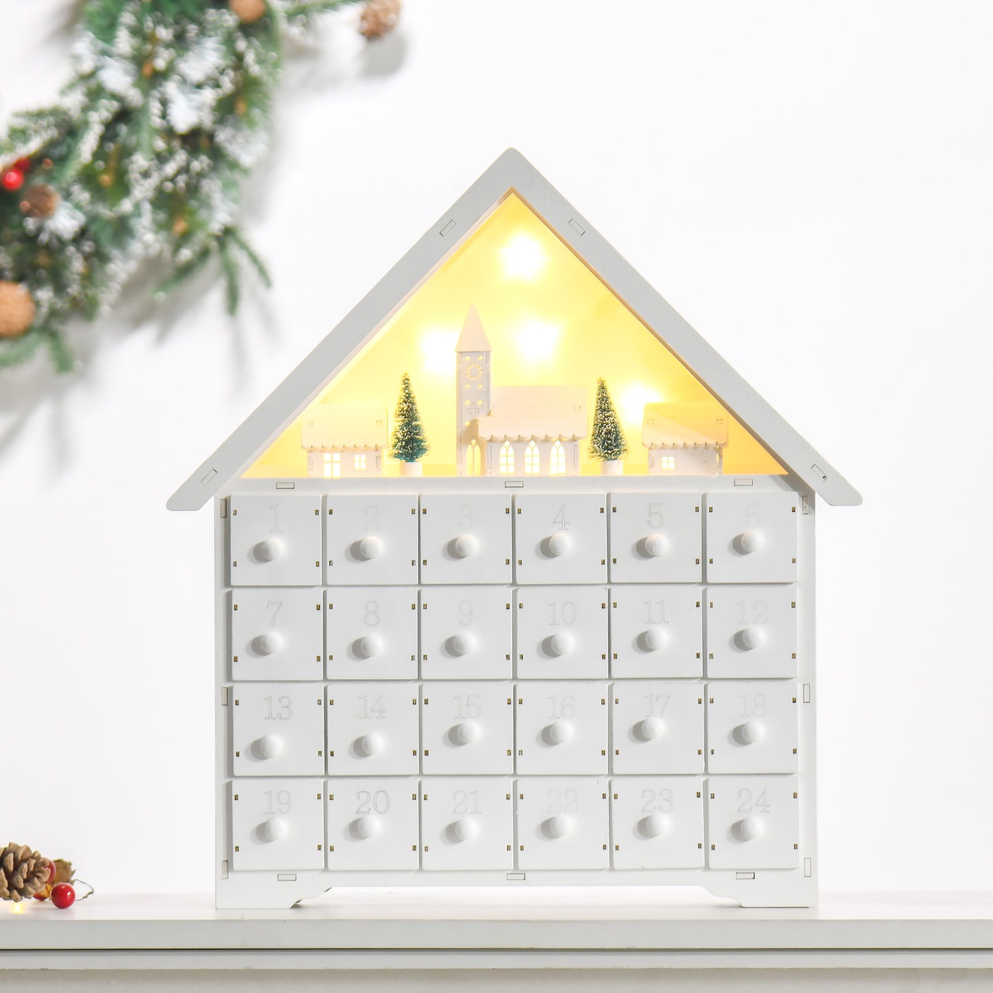 HOMCOM Christmas Advent Calendar, 2022 Light Up Table Xmas Wooden House Holiday Decoration with Countdown Drawer, Village, for kids Adults, White