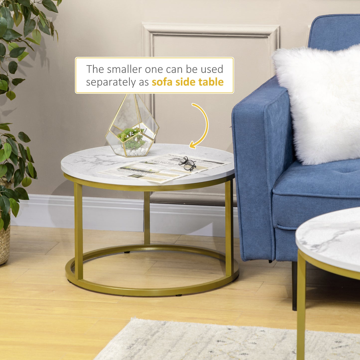 HOMCOM Nesting Tables, 29" Round Coffee Table Set of 2, Modern Side Tables for Living Room with Metal Base, Faux Marbled White