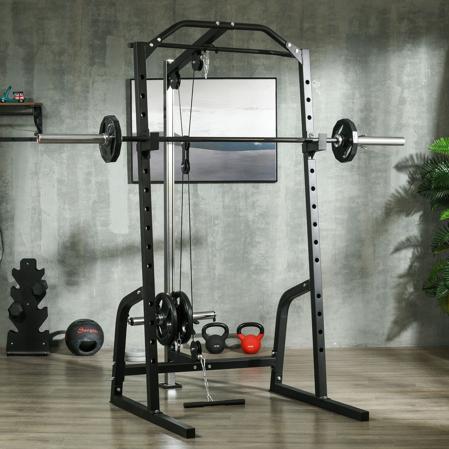 Soozier Power Cage Power Rack with 15-Level Squat Rack, Cable Pulley System, Pull up Stand and Push up Stand