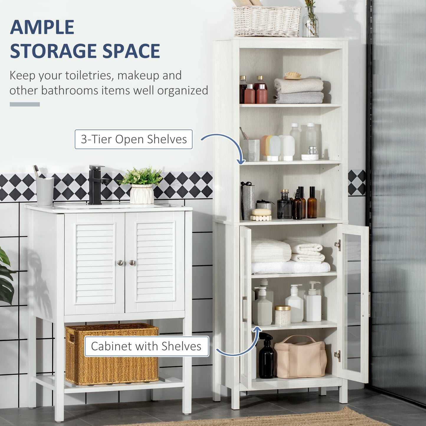 kleankin Tall Bathroom Storage Cabinet with 3 Tier Shelf, Bookcase with Glass Doors, Freestanding Linen Tower with Adjustable Shelves, Antique White