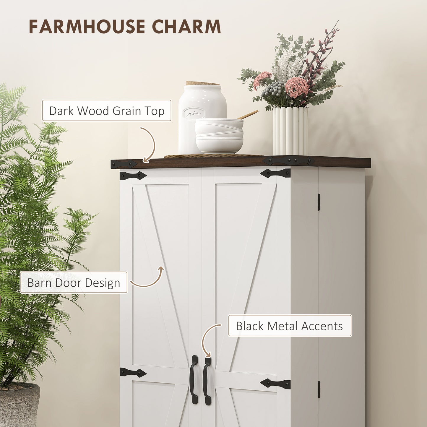 HOMCOM Farmhouse Kitchen Pantry Storage Cabinet, Kitchen Pantry Cabinet with Doors and Adjustable Shelves, White