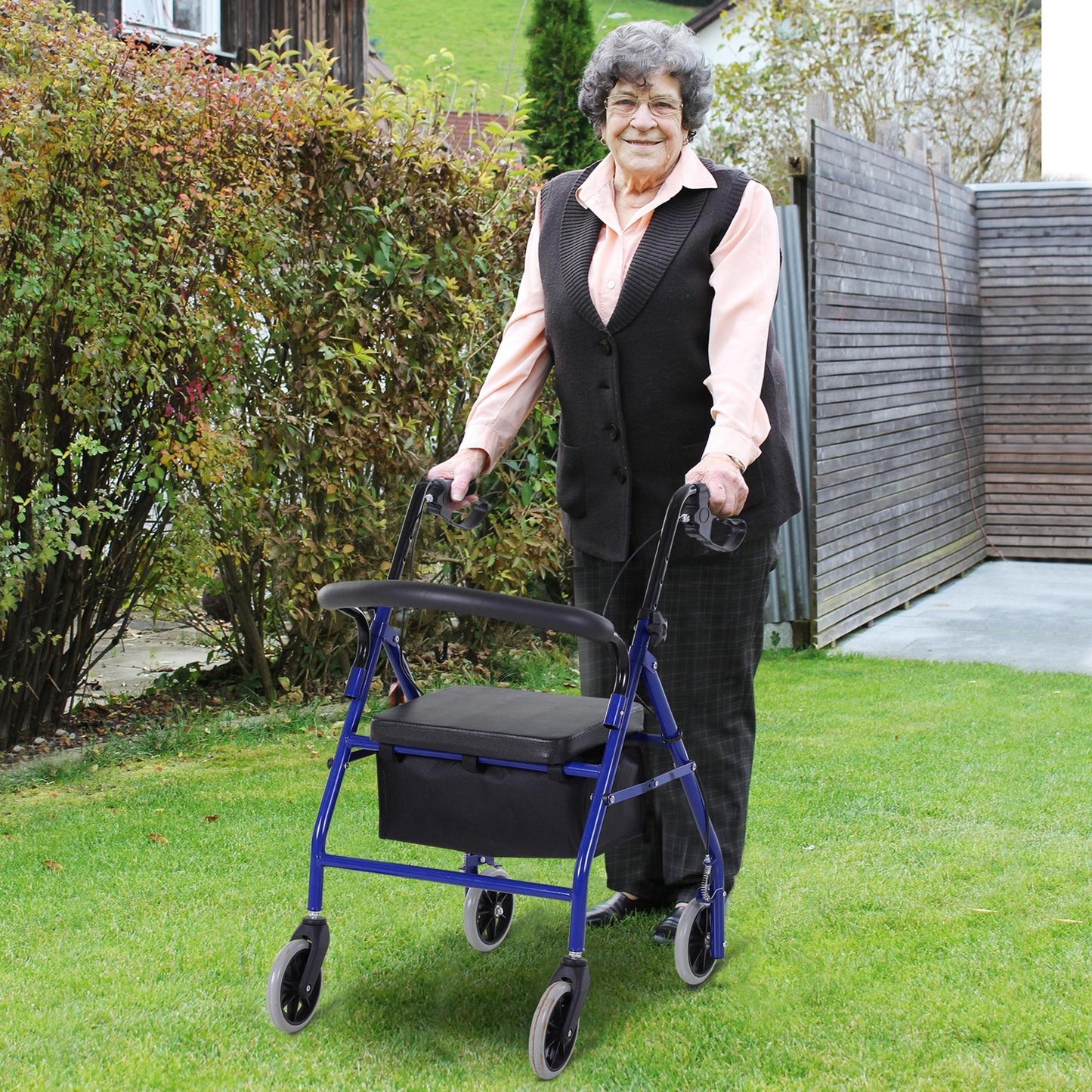 HOMCOM Folding Aluminum Rollator Walker with Adjustable Handle Height, Cushioned Flip Up Seat and Convenient Storage Bag, Rolling Wheels with 2 Barker, Blue