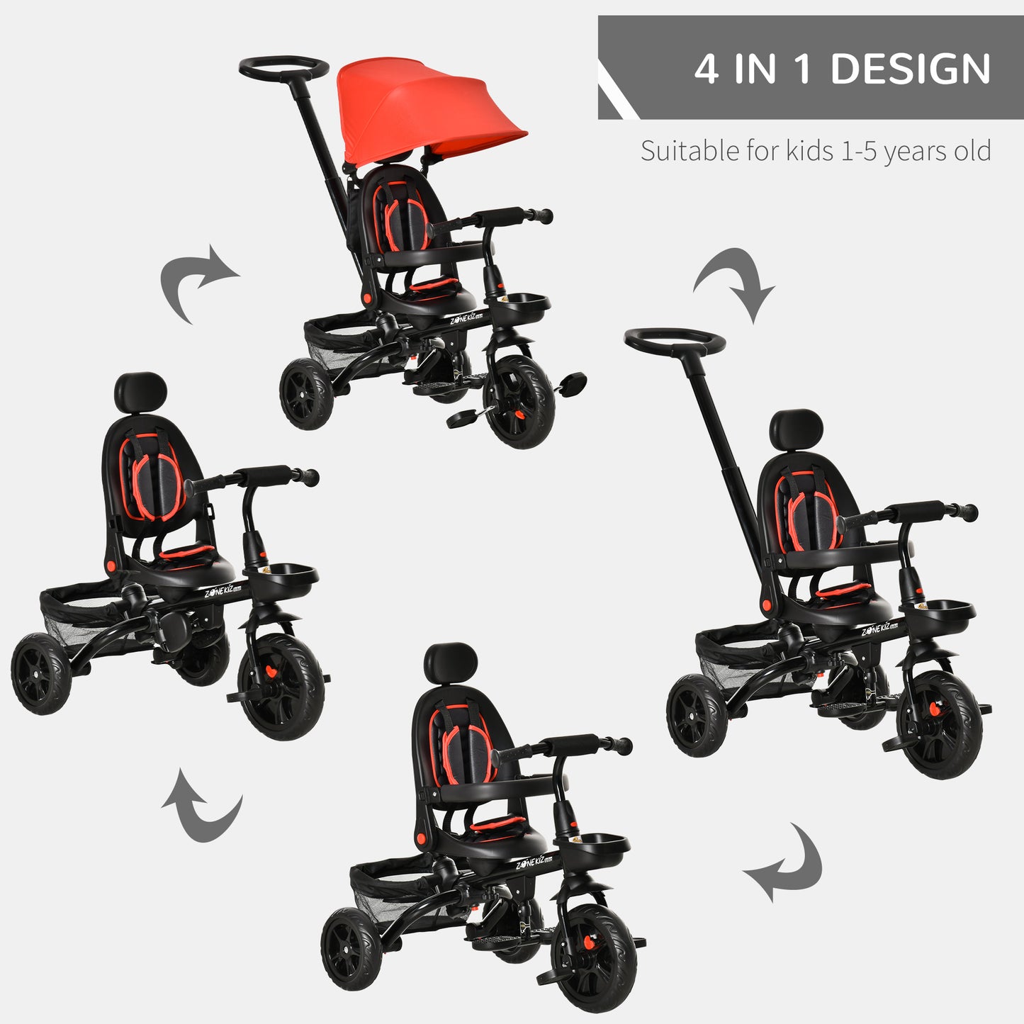 Qaba Tricycle for Toddler 4 in 1 Kids Trike with Reversible Adjustable Seat, Baby Push Bike with Removable Handle, Canopy, Belt Storage Brake Clutch for 1-5 Years, Red