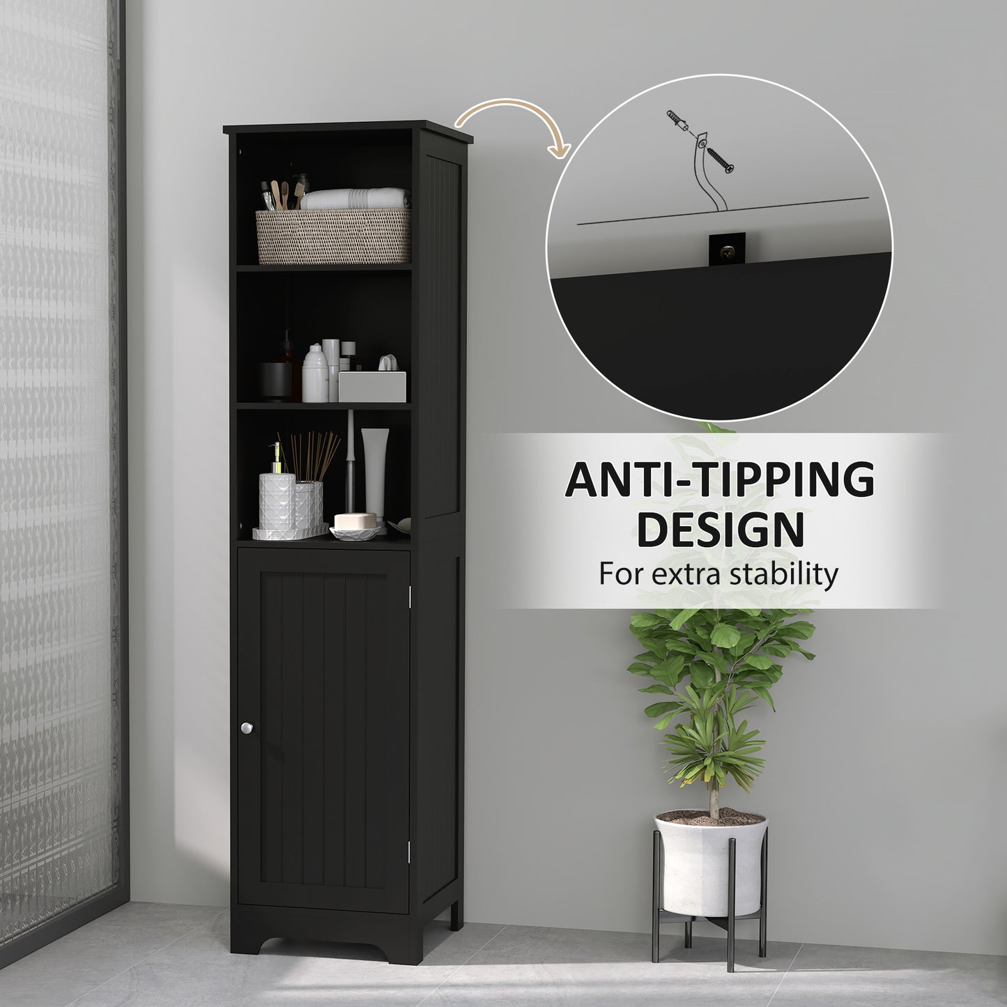 kleankin Tall Bathroom Storage Cabinet, Freestanding Tower Cabinet with Adjustable Shelf, 3 Open Shelves, White