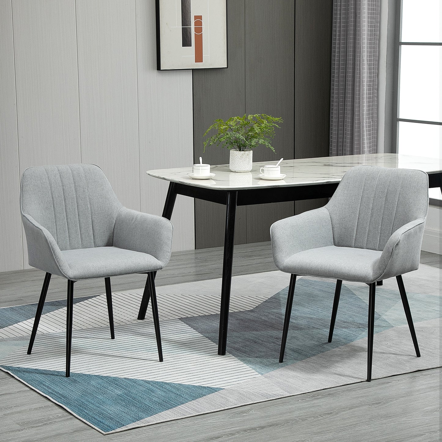 HOMCOM Dining Chairs Set of 2, Linen Upholstery Accent Chair with Back, Armrest, Metal Legs, Dark Grey