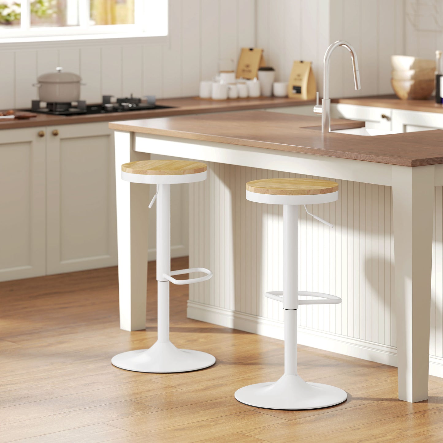 HOMCOM Wood Barstools Set of 2, Swivel Bar Stools with Adjustable Height for Kitchen Counter, Natural Wood and White
