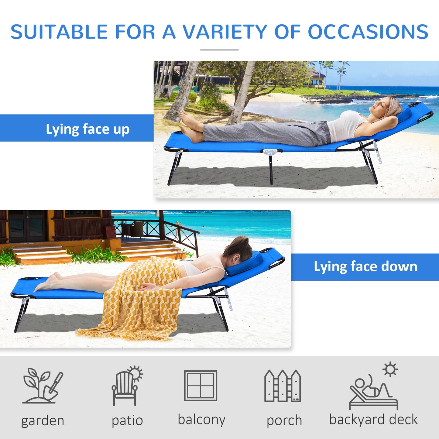 Outsunny Folding Outdoor Lounge Chair, Portable Reclining Beach Lounger with Face Hole, Detachable Pillow, 4-Position Adjustable Backrest, For Patio, Garden, Poolside, Blue