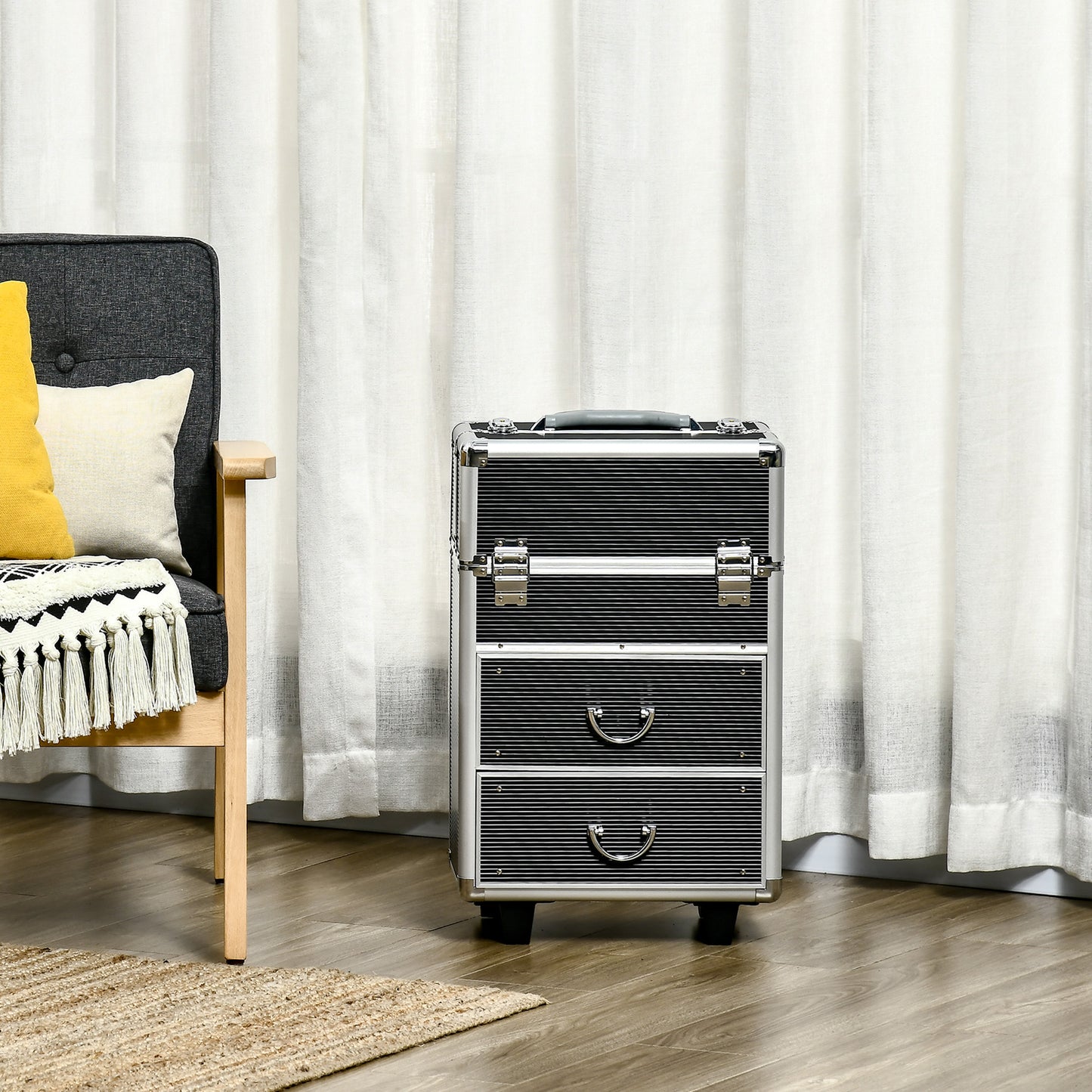 HOMCOM Rolling Makeup Train Case, Large Storage Cosmetic Trolley, Lockable Traveling Cart Trunk with Folding Trays, Swivel Wheels