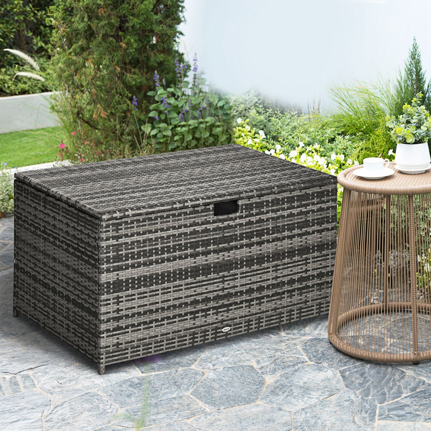 Outsunny 113 Gallon Outdoor Storage Box, Rattan Deck Box for Indoor, Patio Furniture Cushions, Grey