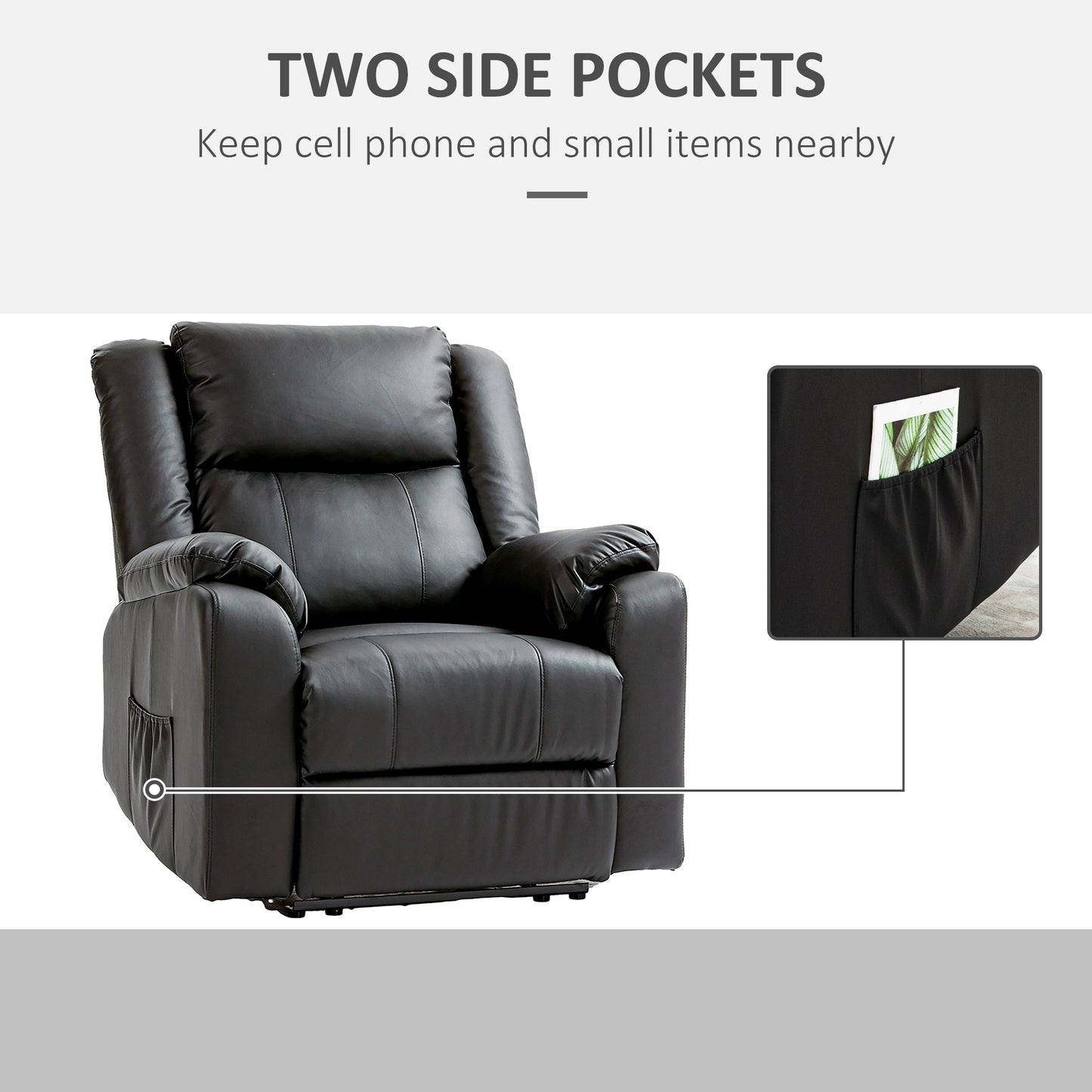 HOMCOM PU Leather Reclining Chair, Recliner Chair for Living Room with Footrest and 2 Side Pockets, Black