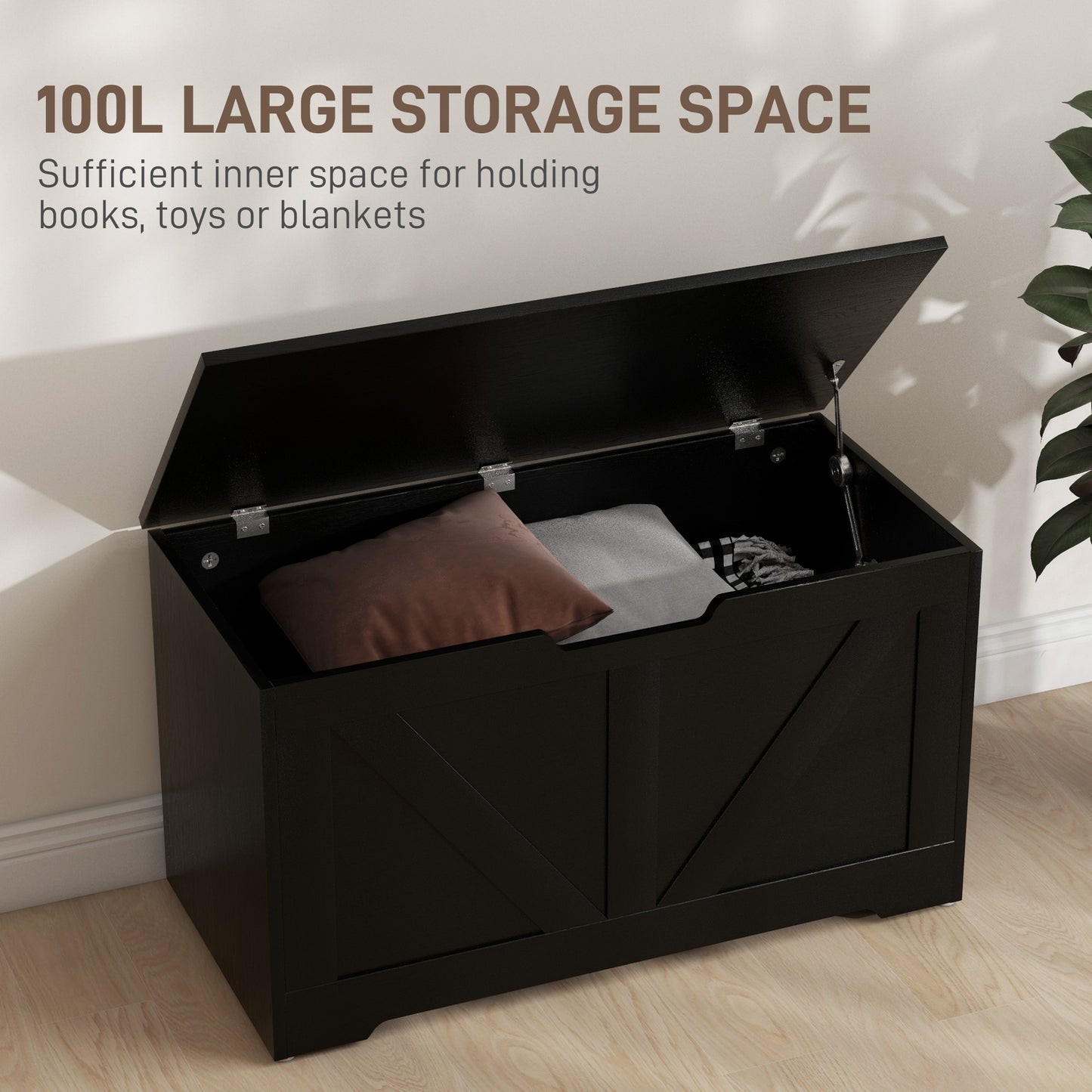 HOMCOM 31.5 Inches Storage Chest, Storage Trunk with 2 Safety Hinges, Wooden Box for Living Room, Black Wood Grain