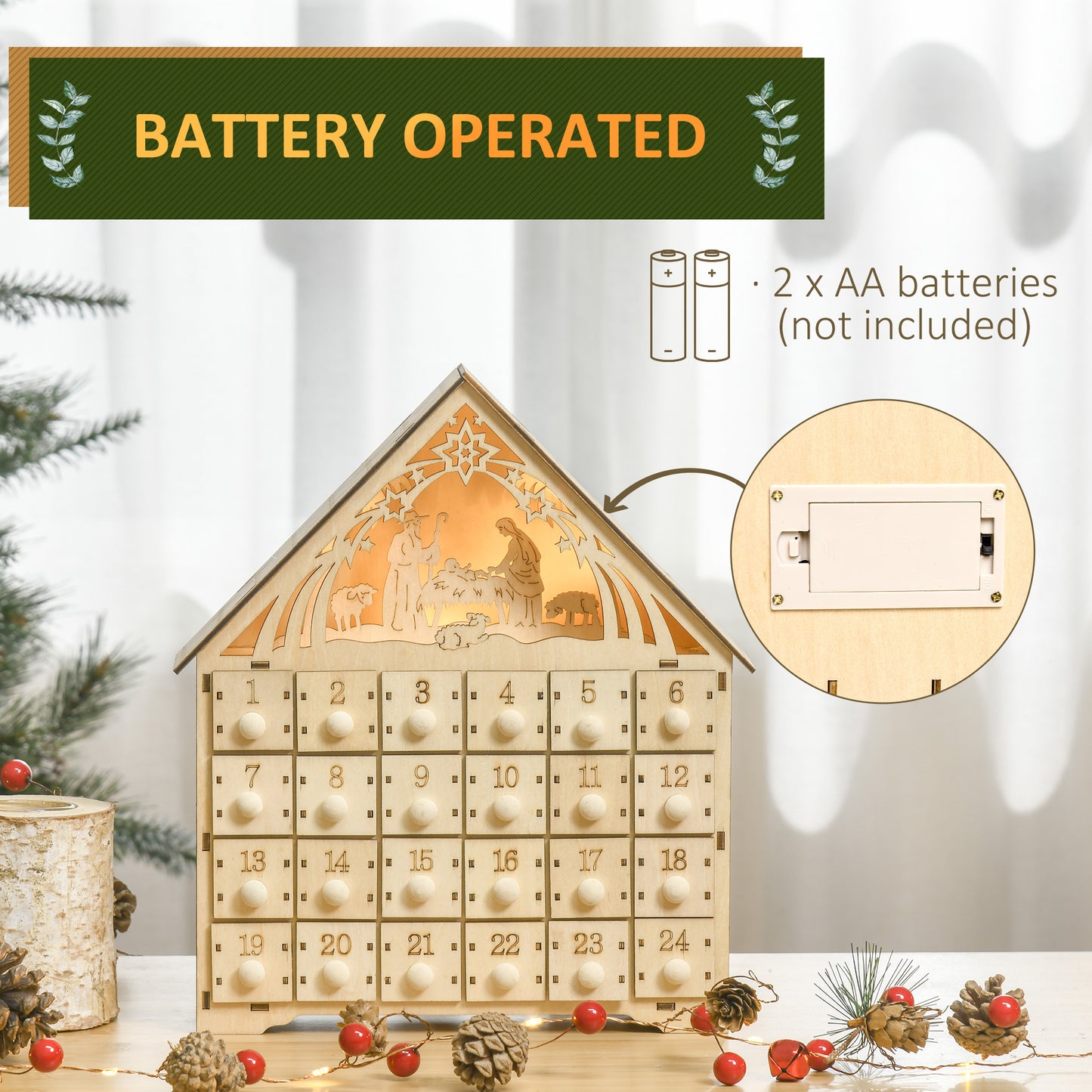 HOMCOM Wooden Christmas Advent Calendar, Lighted 24 Days Xmas Calendar House, Christmas Table Decoration with Countdown Drawers, Bible Characters, Battery Operated, Natural