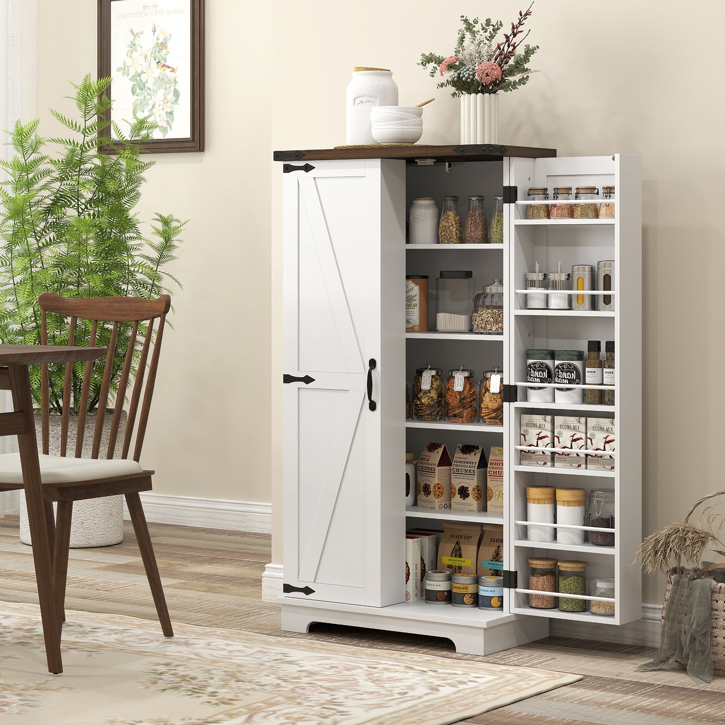 HOMCOM Farmhouse Kitchen Pantry Storage Cabinet, Kitchen Pantry Cabinet with Doors and Adjustable Shelves, White