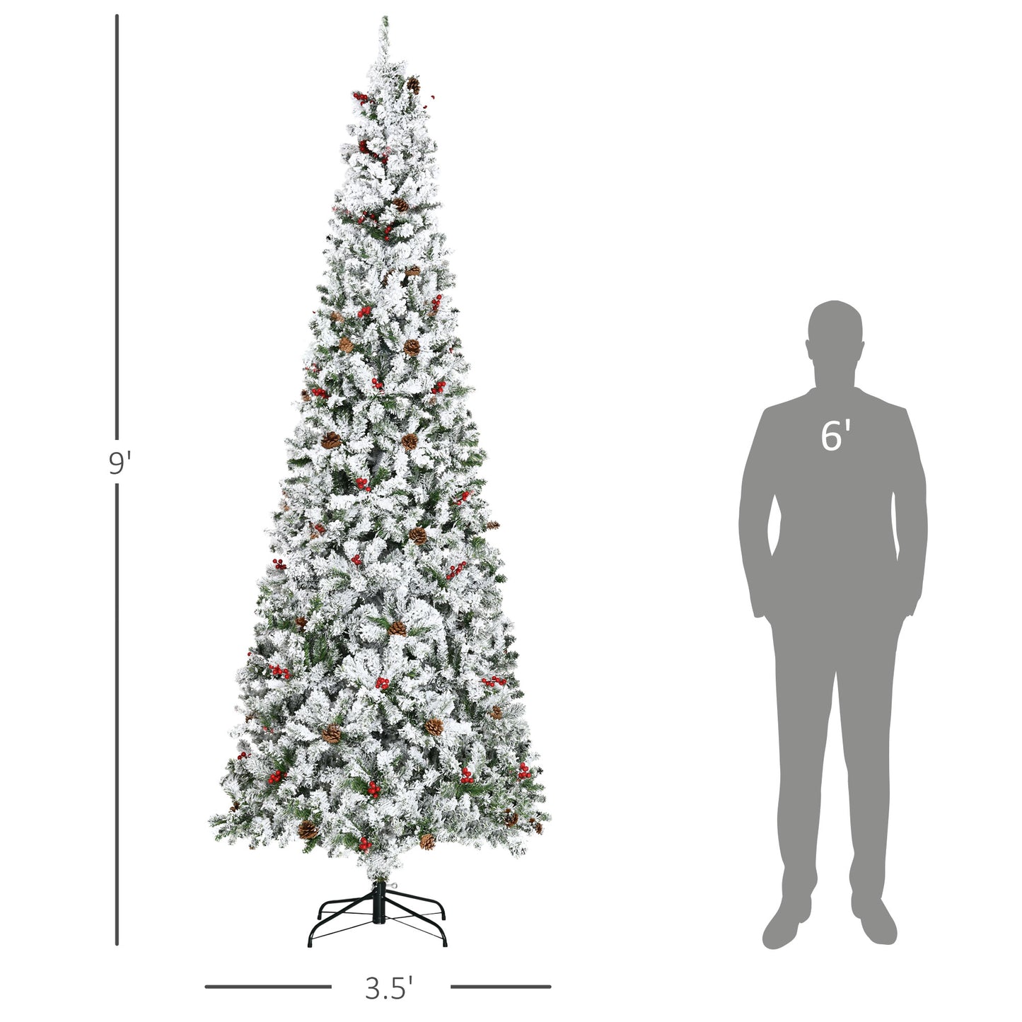HOMCOM 9-foot Pencil Snow Flocked Artificial Christmas Tree with 1350 Pine Realistic Branches, Pine Cones, Red Berries, Auto Open, Green