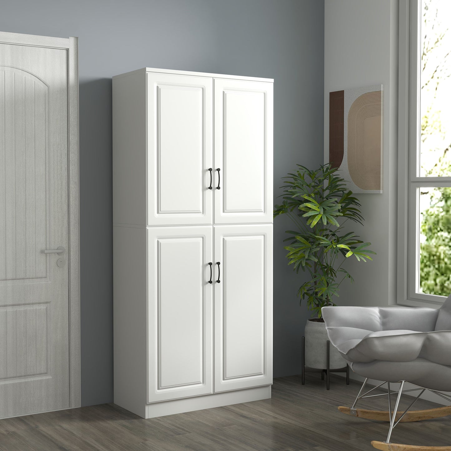 HOMCOM 71" Freestanding Kitchen Pantry Cabinet, Storage Cabinet with 4 Hinged Doors and Adjustable Shelves, White