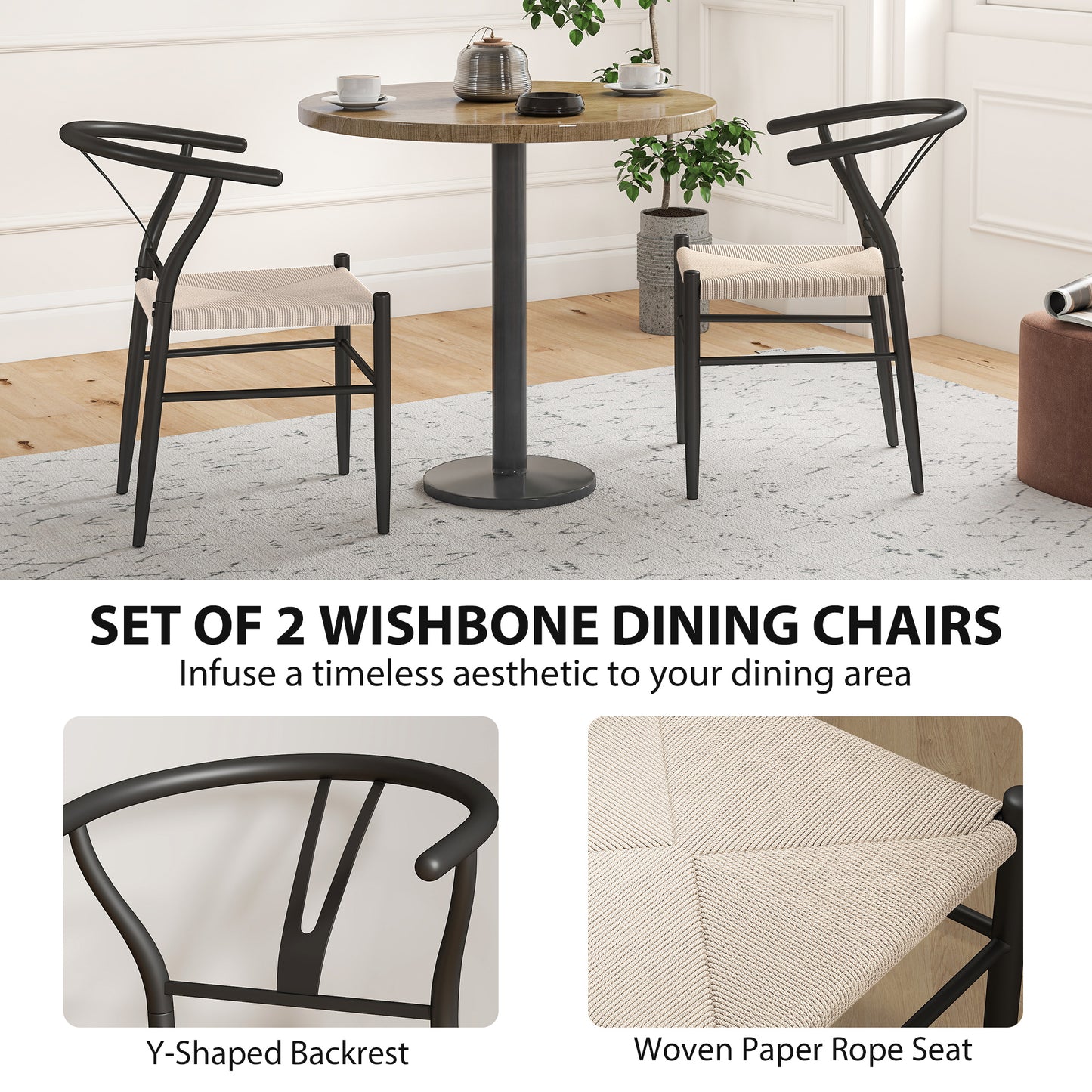 HOMCOM Set of 2 Weave Dining Chairs, Mid-Century Modern Dining Room Chairs with Y-Shaped Backrest and Hemp Seat, Black
