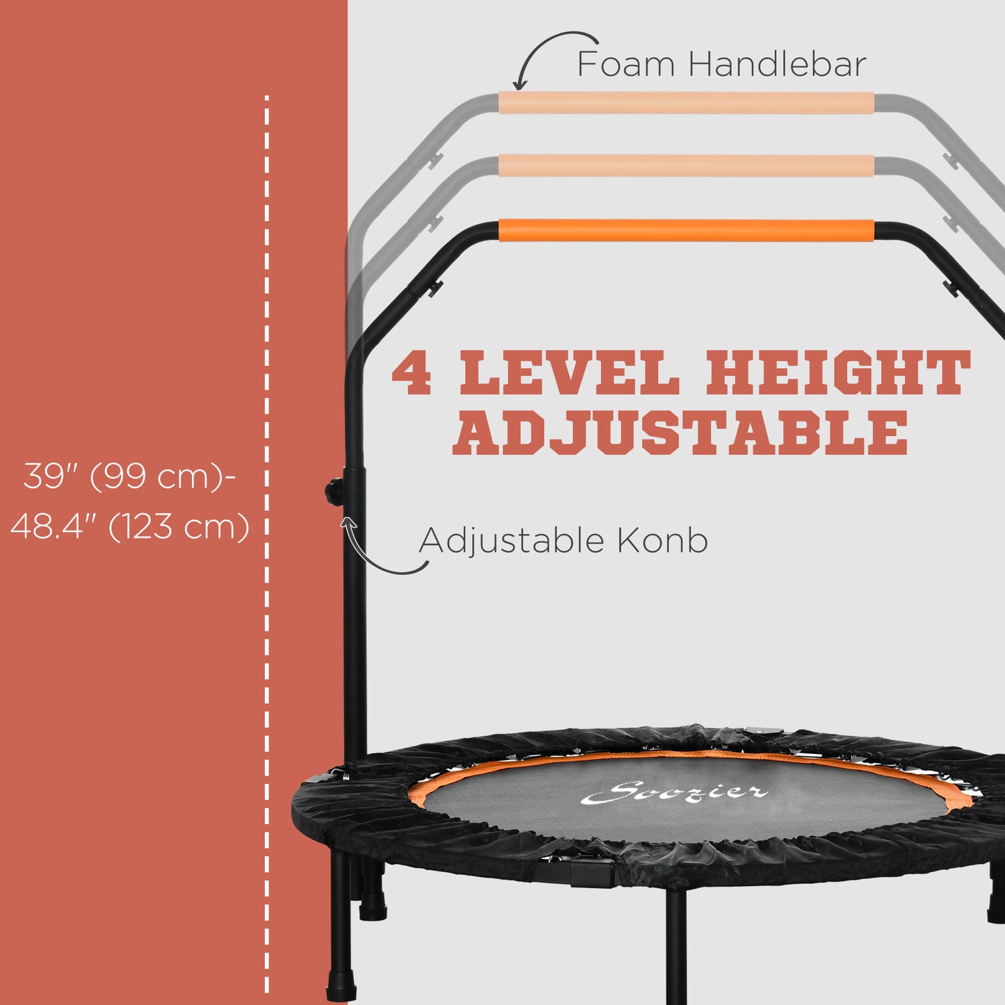 Soozier 40" Foldable Mini Fitness Trampoline, with Adjustable Foam Handle, Orange