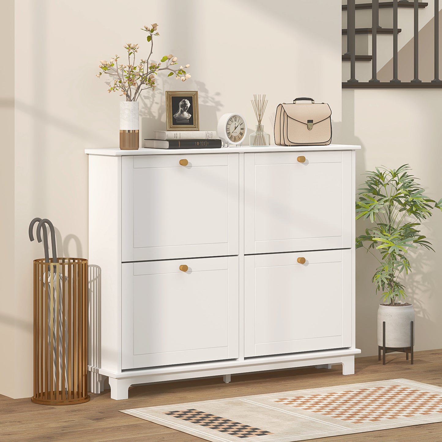HOMCOM Modern Shoe Storage Cabinet, Narrow Shoe Cabinet with 4 Flip Drawers, Adjustable Shelves, 5 Legs for Entryway, White
