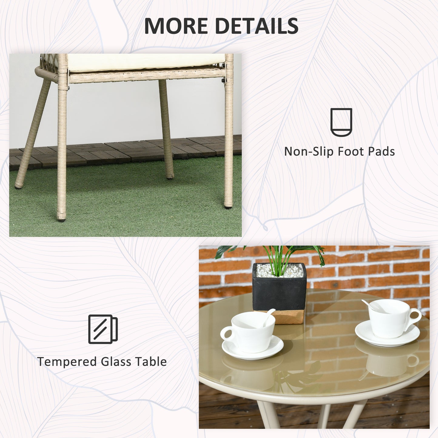Outsunny 3 Pieces Patio Furniture Outdoor PE Rattan Bistro Set w/ Seat Cushions, Glass Table for Garden, Backyard, Beige