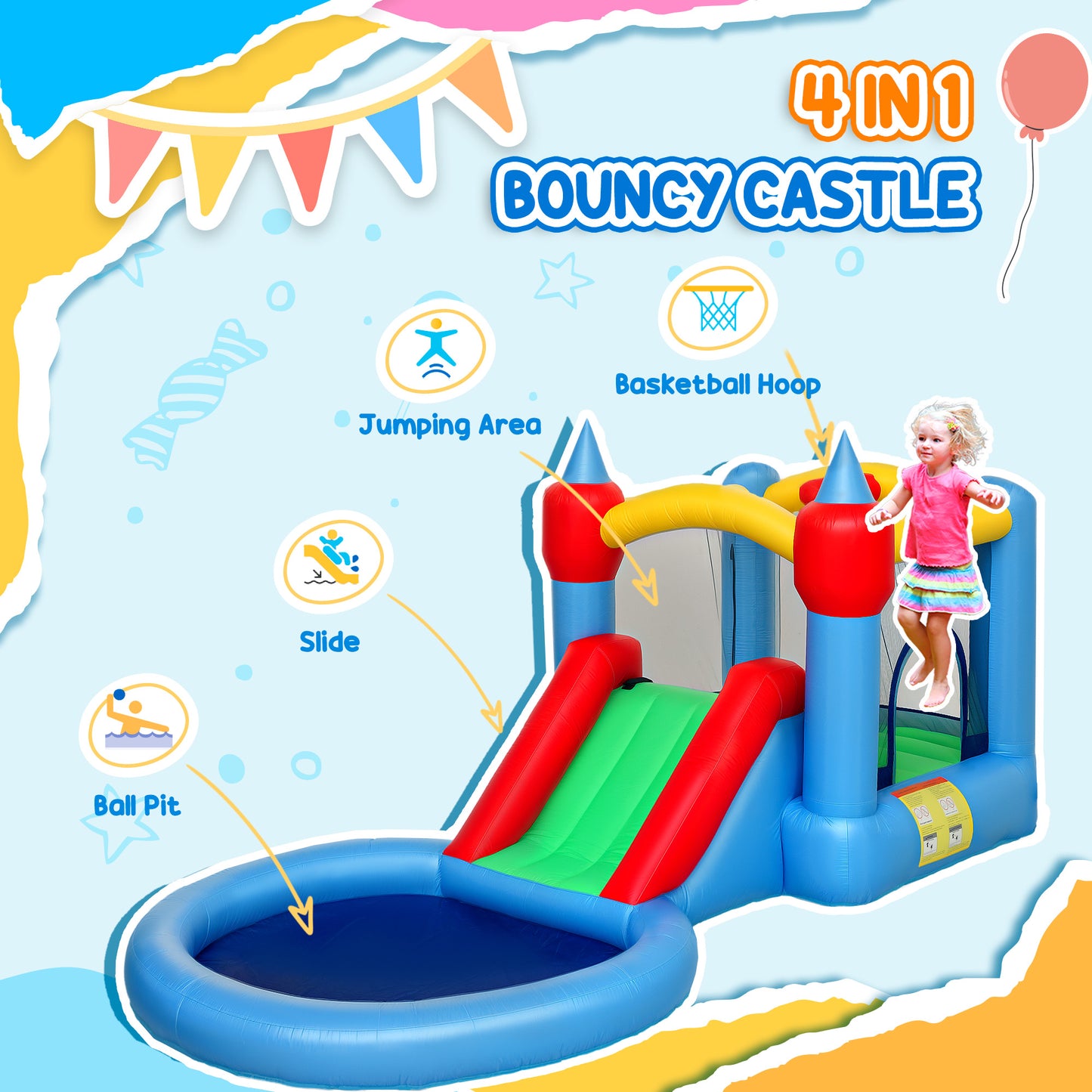Qaba Bouncy Castle for Kids with 550W Blower, Water Slide, 2 Splash Pools, Basketball Hoop, Dart Board,12.6' x 9.5' x 5.9'
