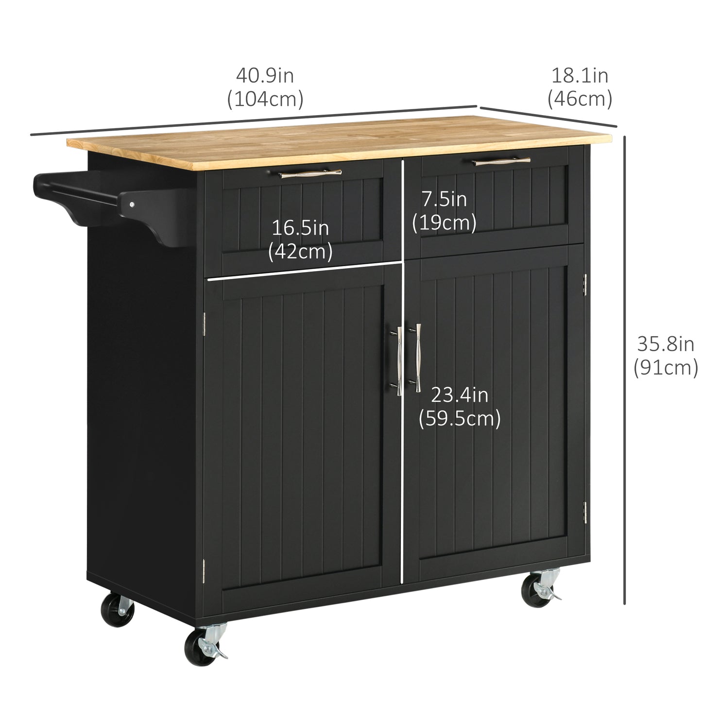 HOMCOM Rolling Kitchen Island with Storage Drawers, Kitchen Cart with Rubber Wood Top, Cabinet & Towel Rack, White