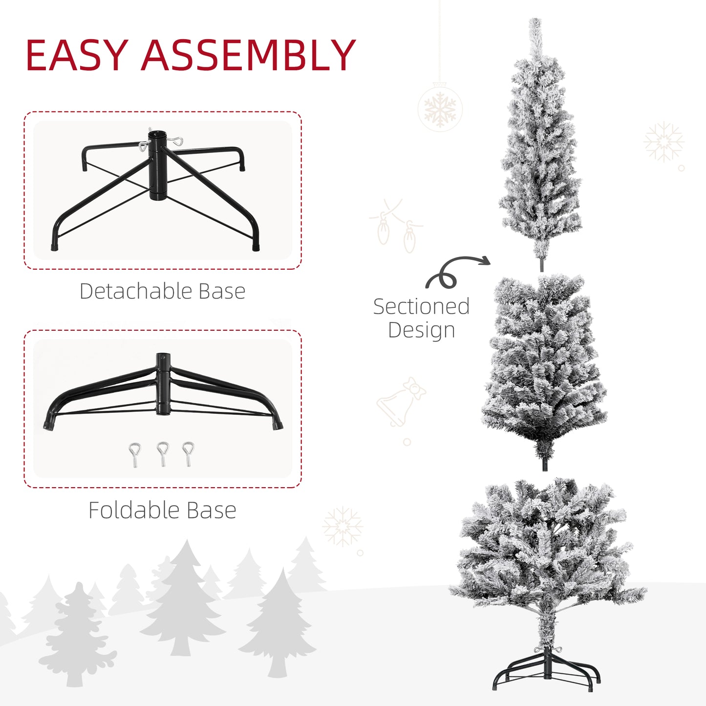 HOMCOM 7.5ft Flocked Christmas Tree, Pencil Christmas Tree with Realistic Branch Tips, Folding Metal Stand, Green