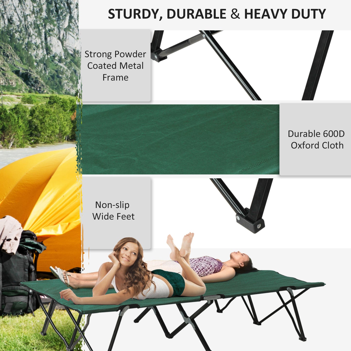 Outsunny 76" Two Person Folding Camping Cot Outdoor Portable Double Cot Wide Military Sleeping Bed w/ Carrying Bag Blue