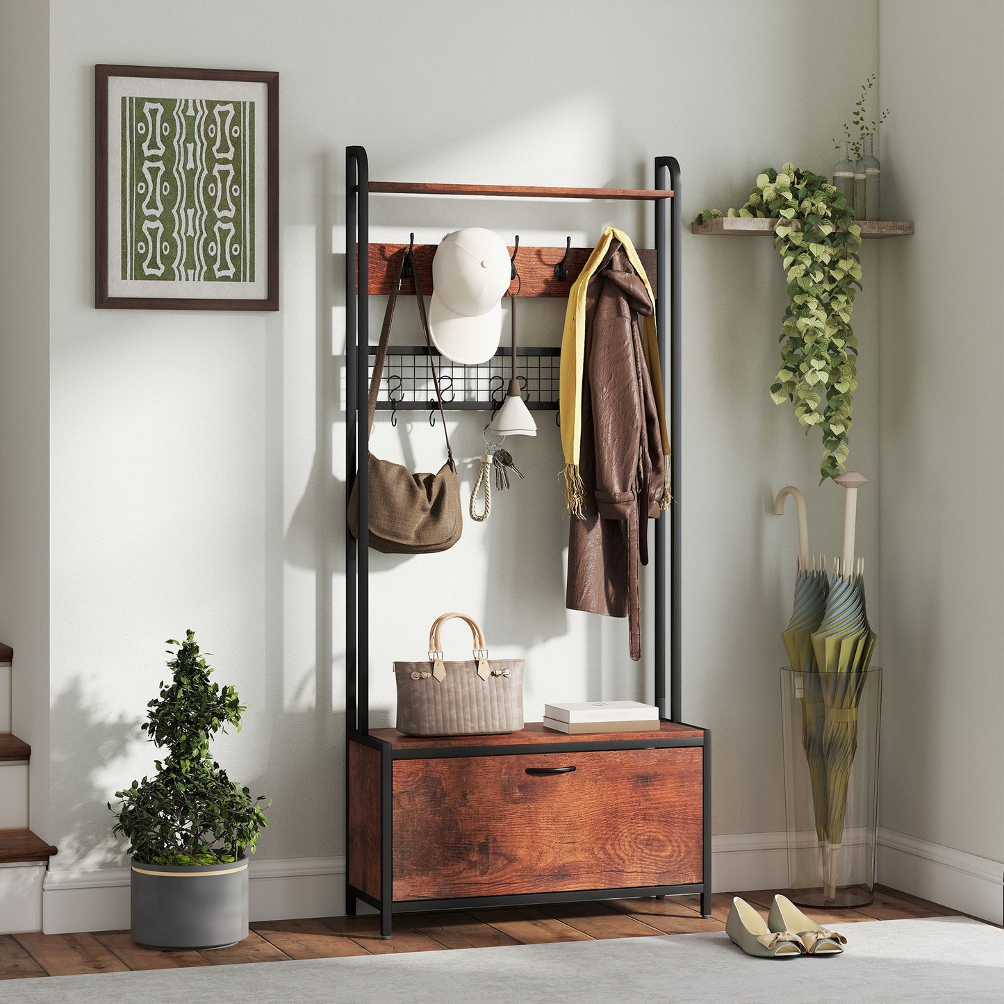 HOMCOM 5-In-1 Coat Rack Shoe Bench, Hall Tree with Bench, Shoe Cabinet, 10 Hooks for Hallway, Mud Room, Rustic Brown