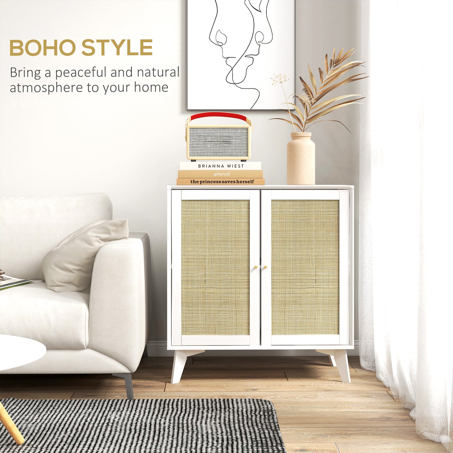 HOMCOM Boho Sideboard Cabinet, Freestanding Sideboards and Buffets with 2 Rattan Doors and Adjustable Shelf