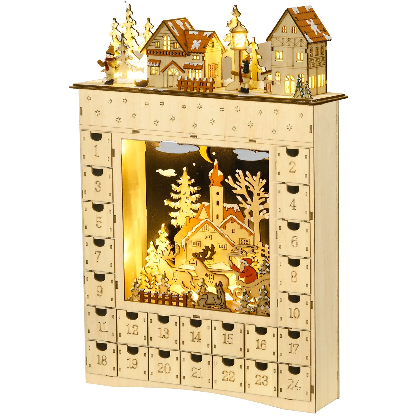 HOMCOM Wooden Christmas Advent Calendar, Lighted 24 Days Xmas Calendar House, Christmas Table Decoration with Countdown Drawers, Bible Characters, Battery Operated, Natural