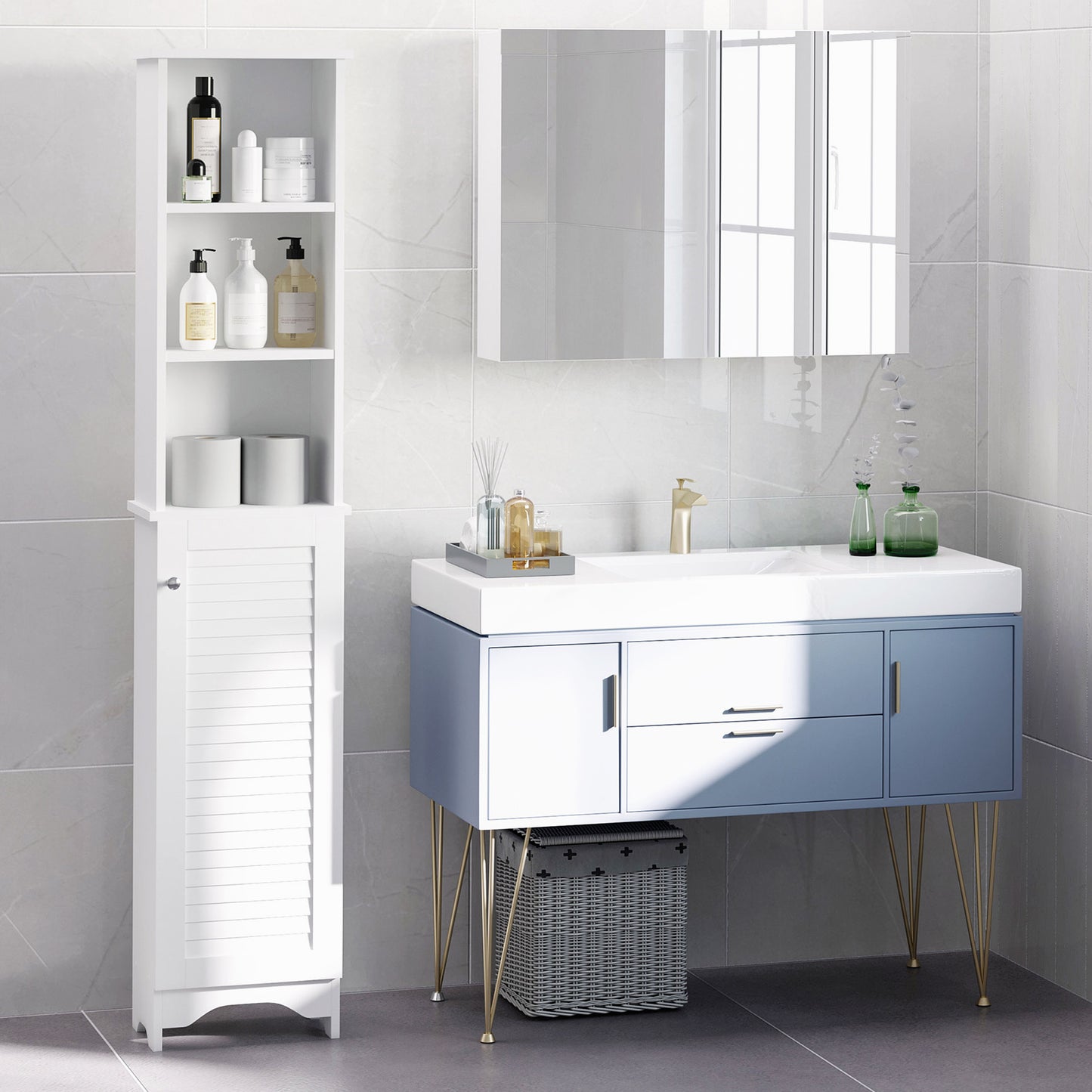 HOMCOM Tall Bathroom Storage Cabinet, Freestanding Linen Tower with 3-Tier Open Adjustable Shelf, White