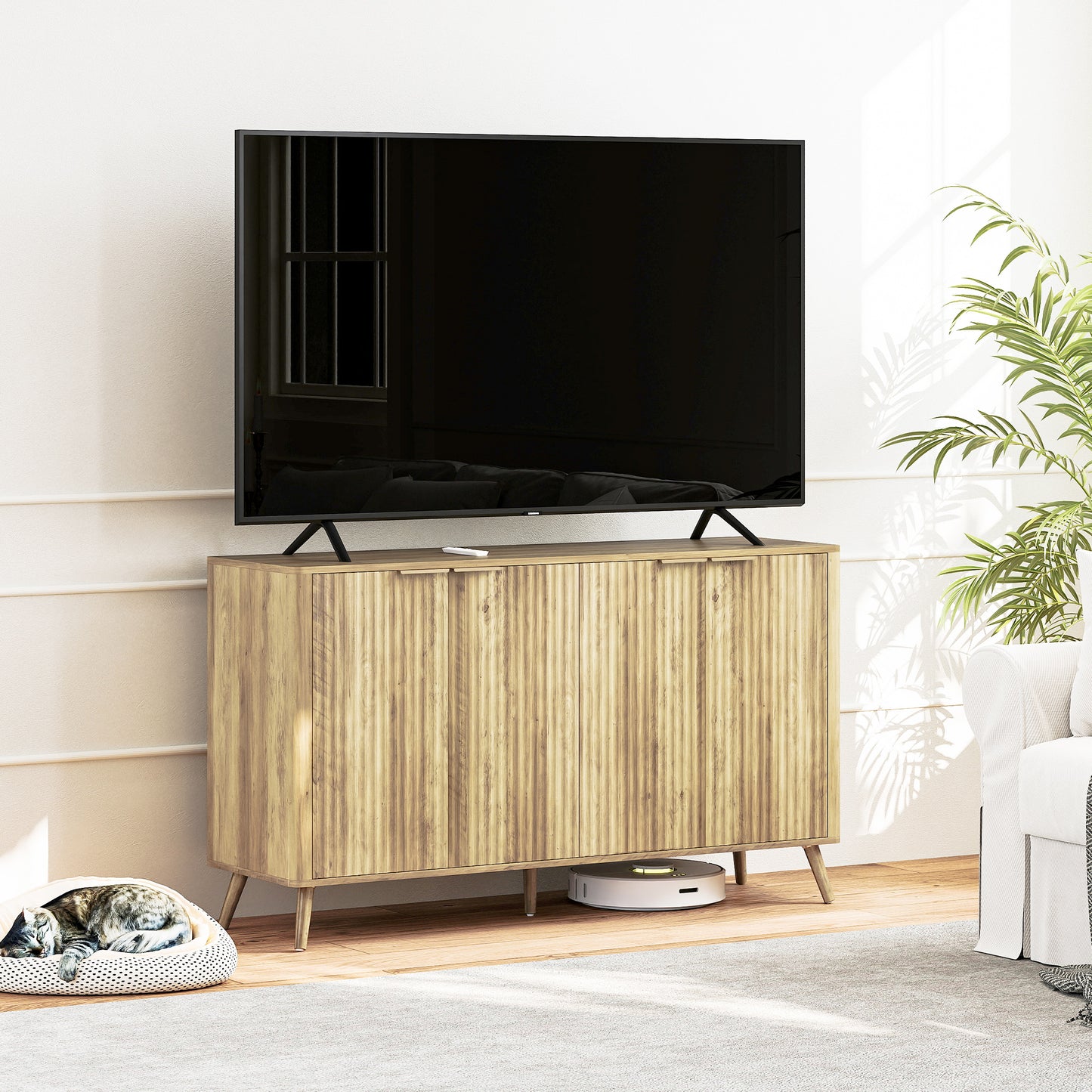 HOMCOM 55" Buffet Cabinet, Modern Sideboard with 2 Fluted Doors and Adjustable Shelf for Kitchen, Living Room, White