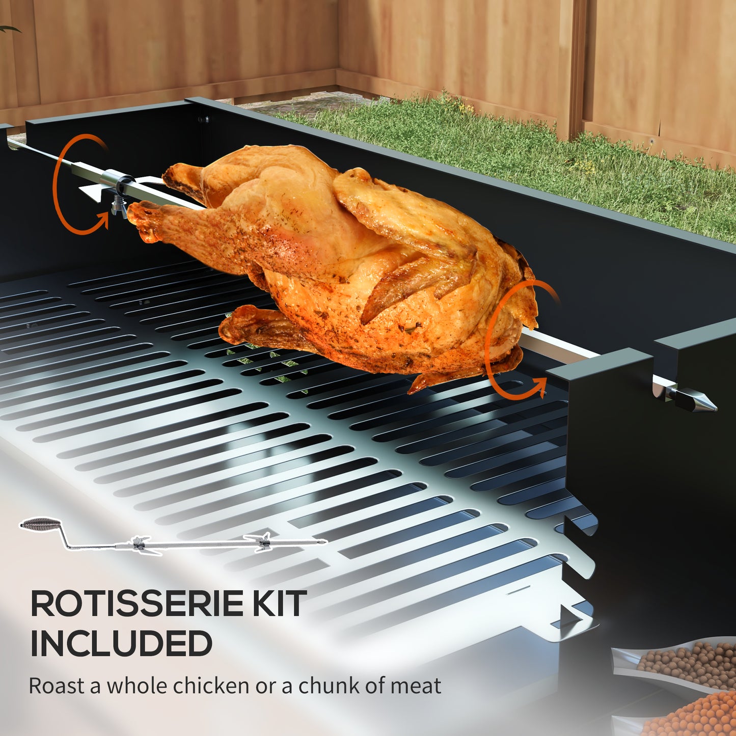 Outsunny BBQ Rotisserie Grill Charcoal, Split Roaster for Chicken Turkey, 3-Level Grill Grate, Storage Shelves, Stainless Steel