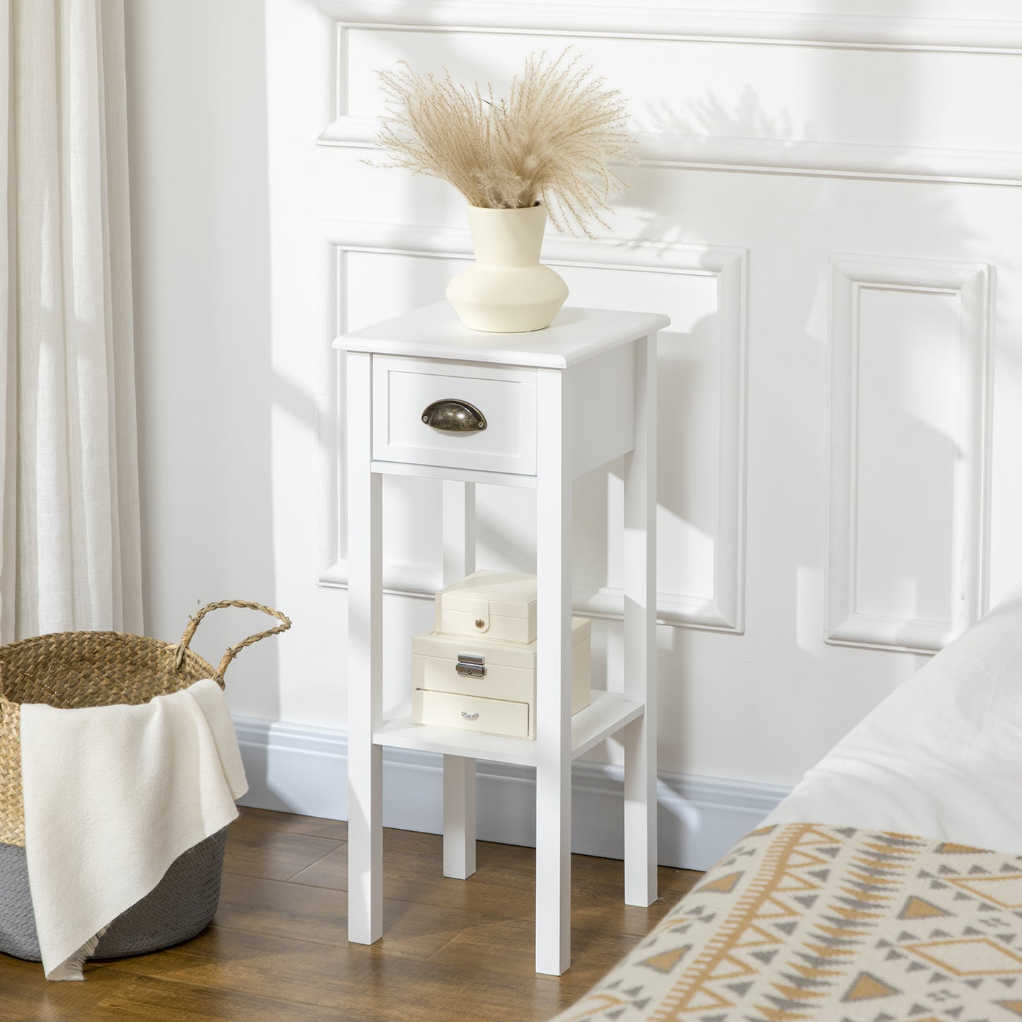 HOMCOM 2 Tier Side Table, Set of 2, Narrow Tall End Table with Drawer and Shelf, Slim Wooden Nightstand for Living Room, Bedroom, Hallway, White