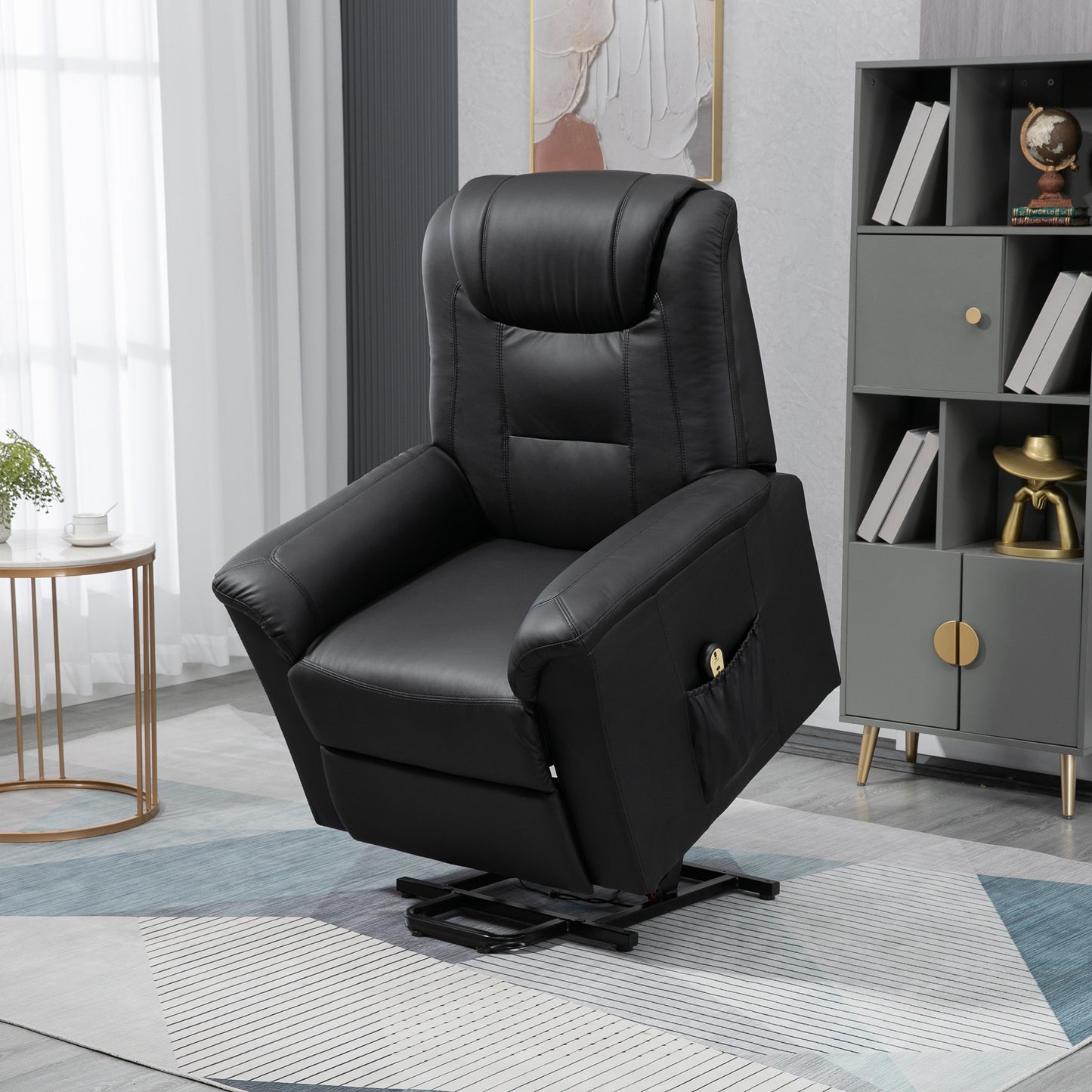 HOMCOM Electric Power Lift Chair for Elderly, PU Leather Recliner Sofa with Footrest and Remote Control, Side Pockets for Living Room, Black