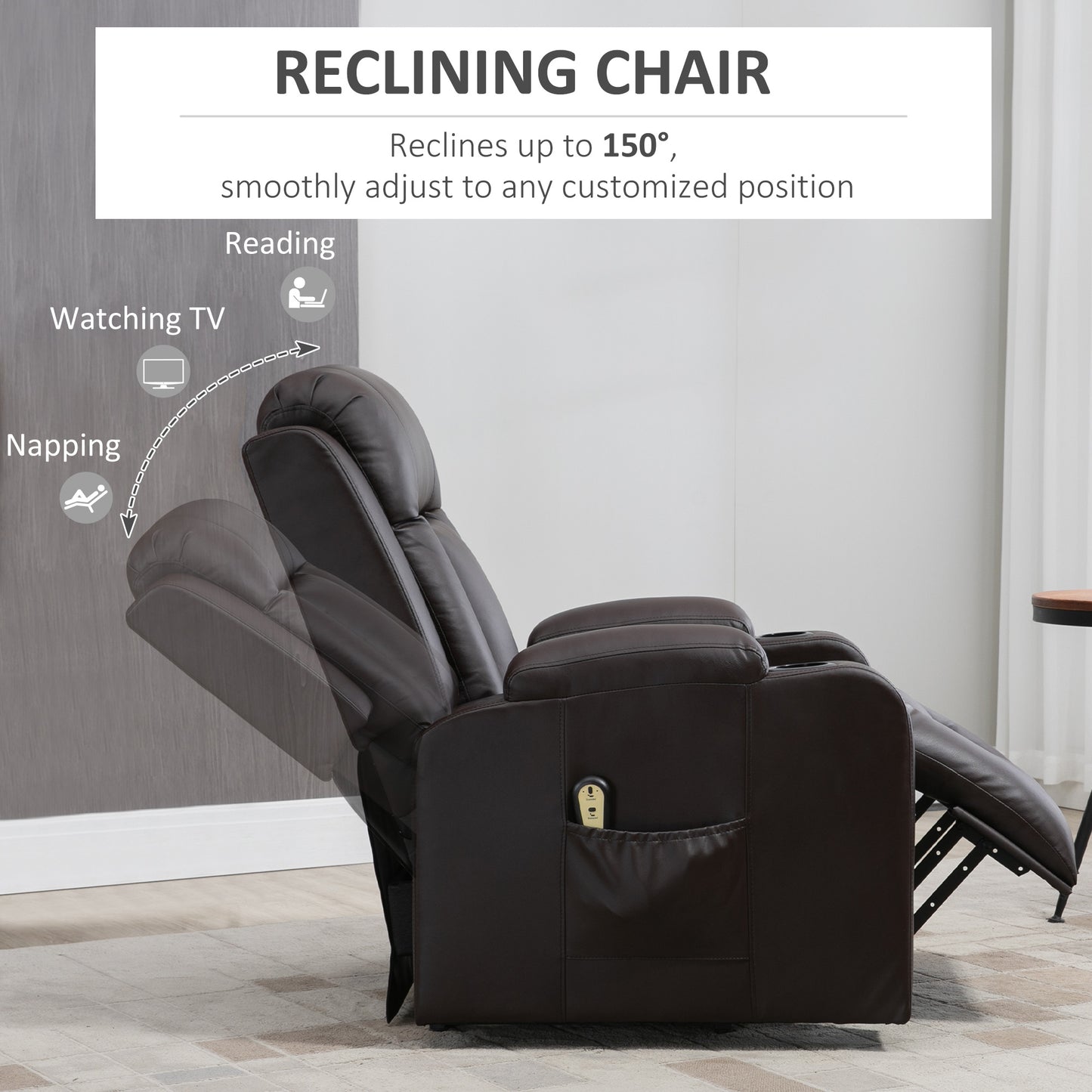 HOMCOM Electric Power Lift Chair, PU Leather Recliner Sofa with Footrest, Remote Control and Cup Holders, Brown