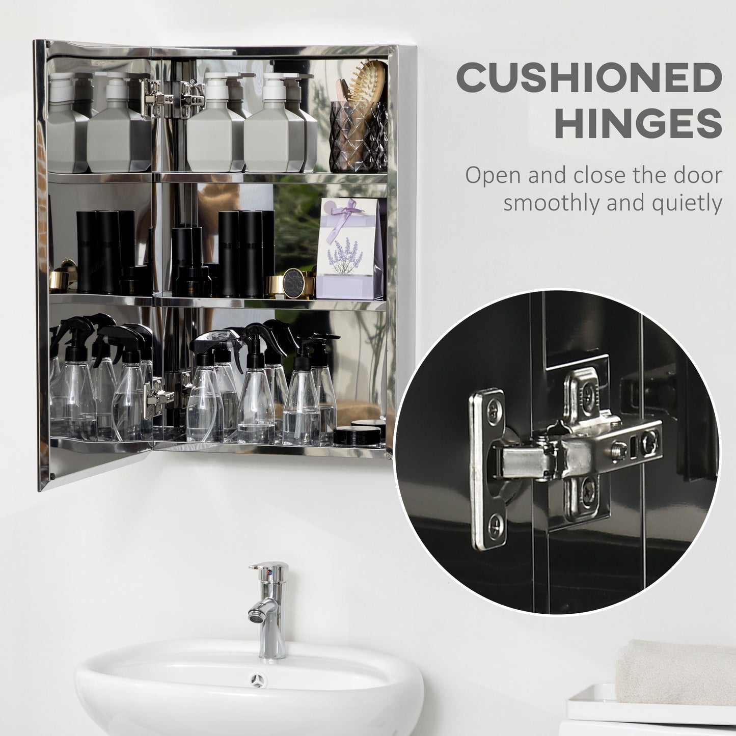 kleankin Wall Mounted Bathroom Medicine Cabinet Mirrored Cabinet with Hinged Door 3-Tier Storage Shelves Silver