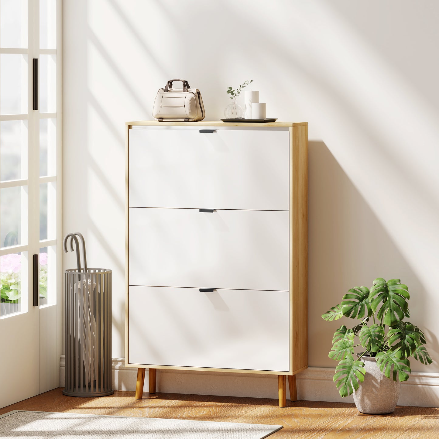 HOMCOM Narrow Shoe Cabinet, High Gloss Shoe Storage Cabinet with 4 Flip Drawers and Adjustable Shelves, Holds 20 Pairs, White
